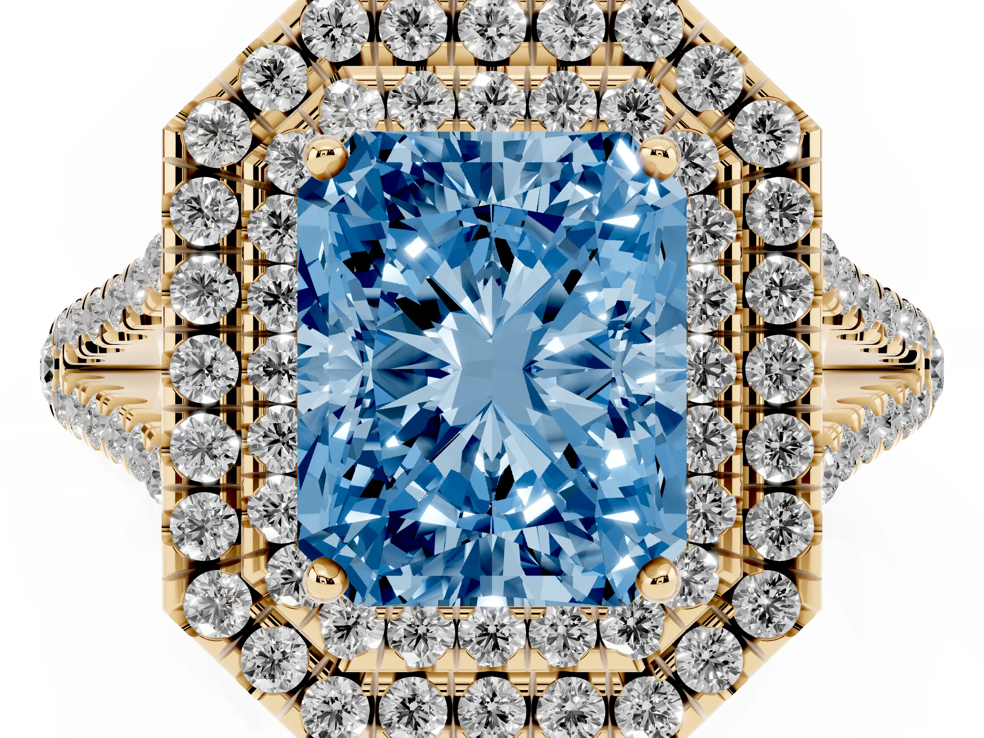 Fancy Blue Radiant Cut Diamond Double Halo Ring Set in Yellow gold with Pavé Band