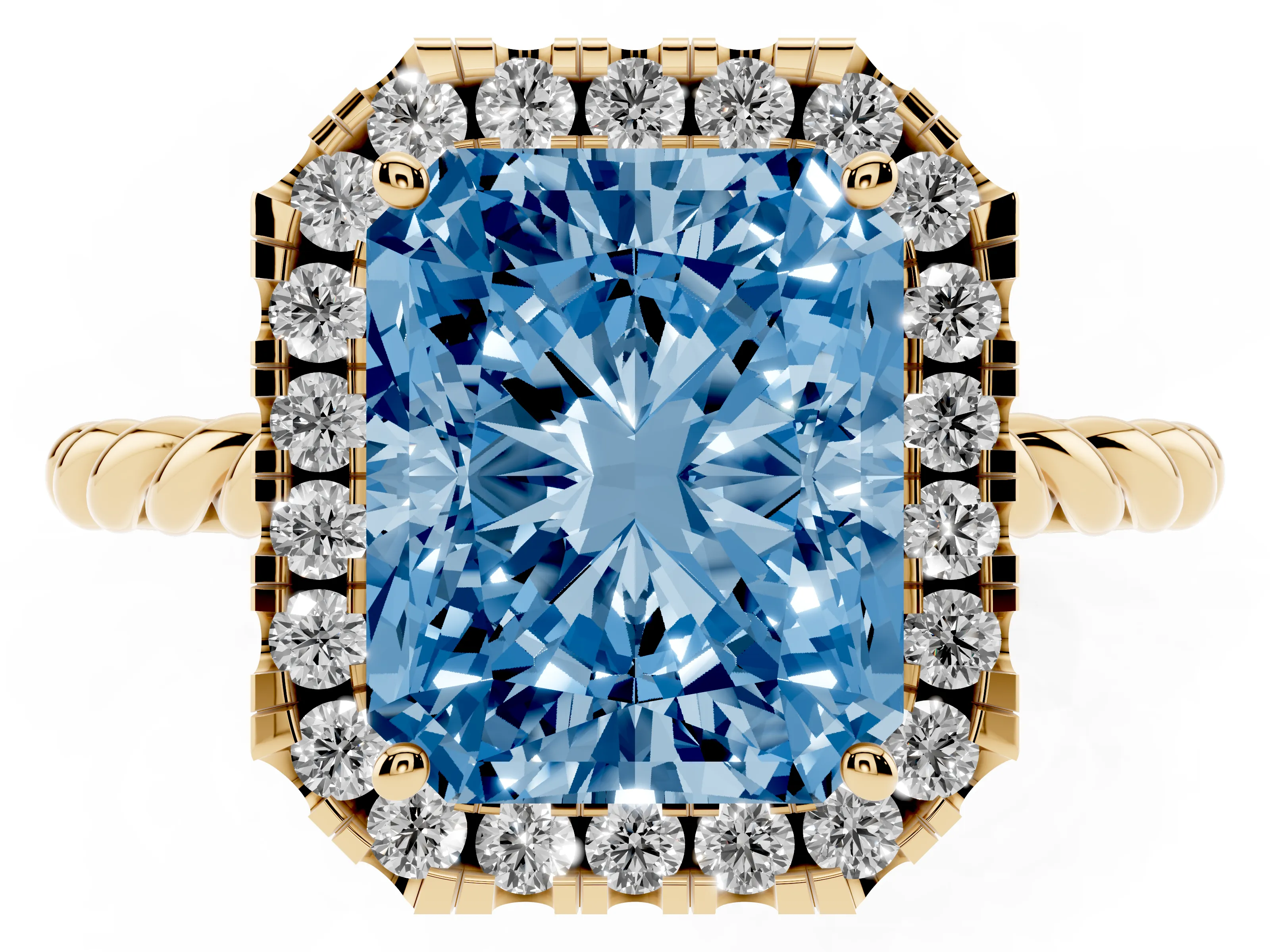 Fancy Blue Radiant Cut Diamond Halo Ring Set in Yellow gold with Plain Twisted Band