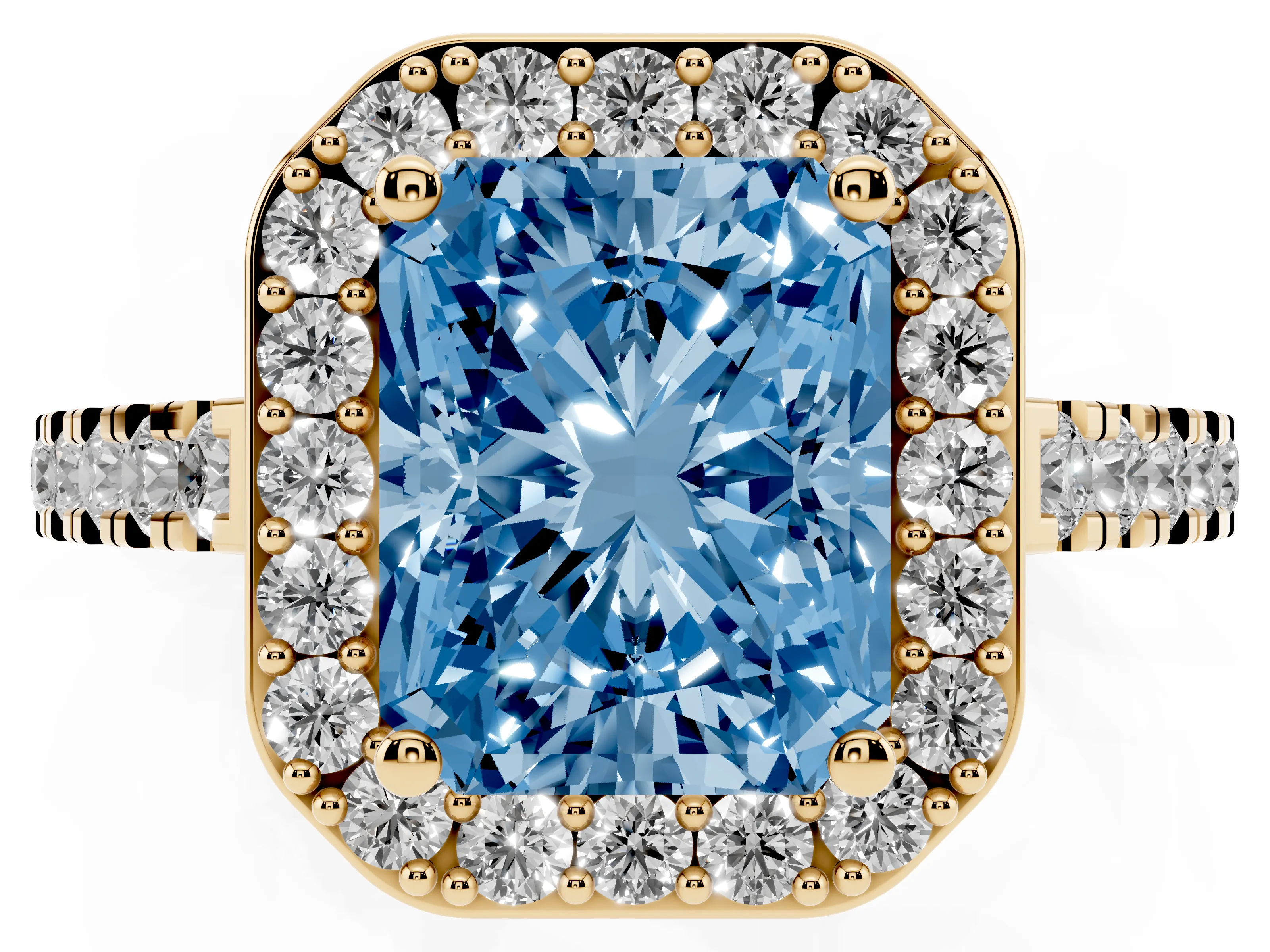 Fancy Blue Radiant Cut Diamond Halo Ring Set in Yellow gold with Round Pavé Split Shank and Prong Setting