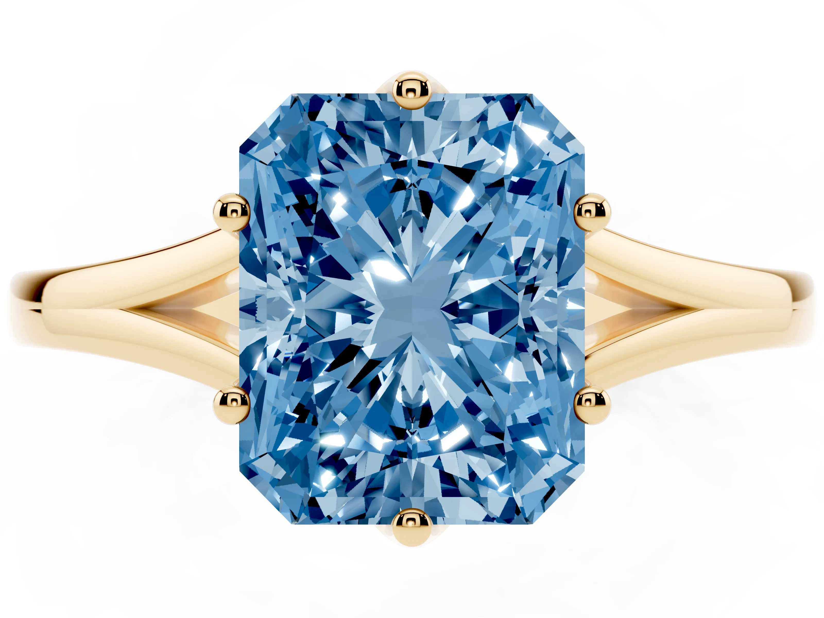 Fancy Blue Radiant Cut Diamond Solitaire Ring Set in Yellow gold with Polished Tapered Band and Prong Setting