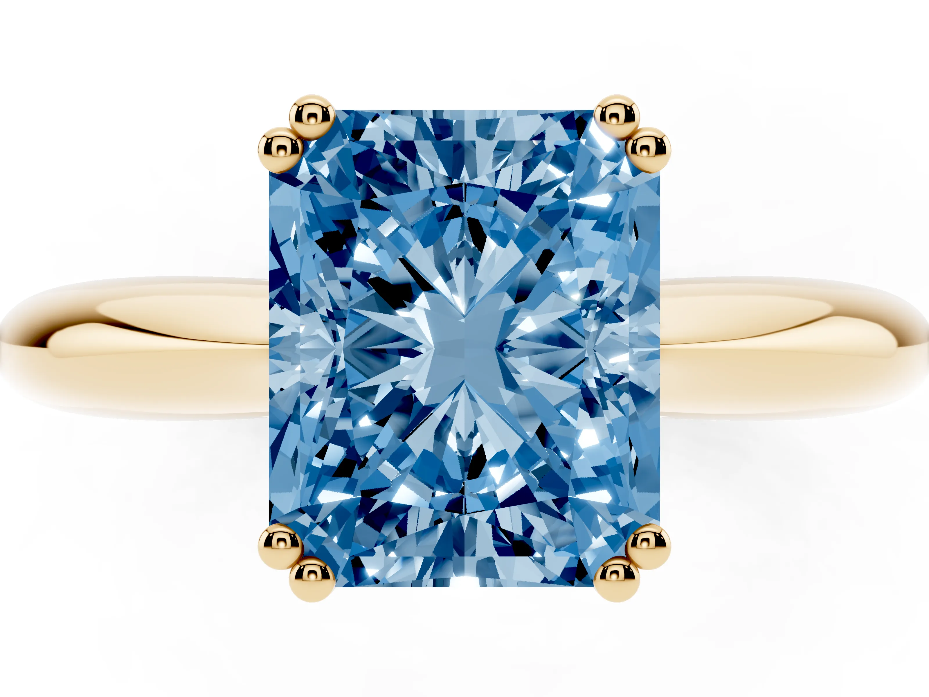 Fancy Blue Radiant Cut Diamond Solitaire Engagement Ring Set in Yellow gold with Tapered Band and Prong Setting