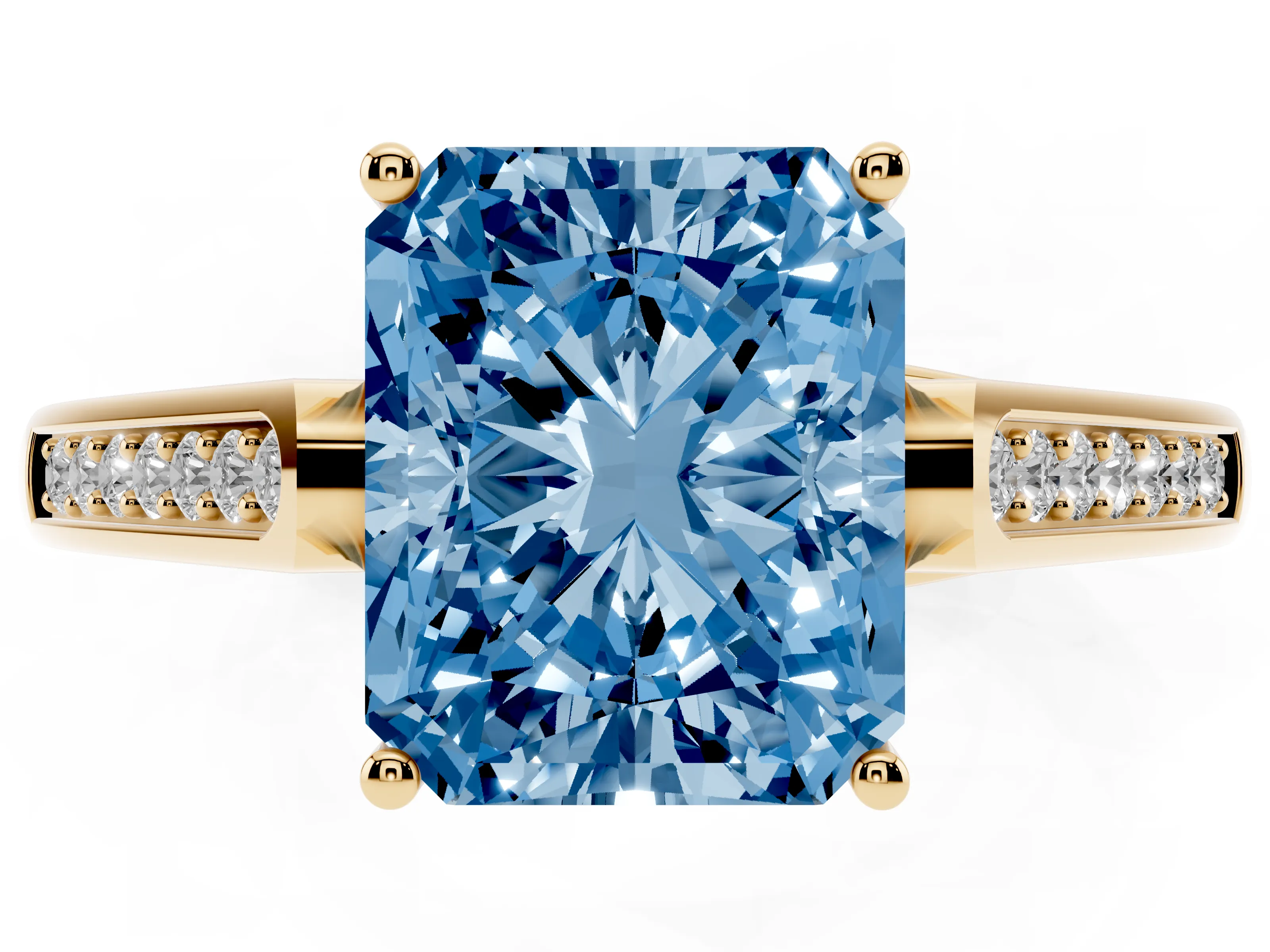 Fancy Blue Radiant Cut Diamond Solitaire Cathedral Engagement Ring Set in Yellow gold with Channel-Set Band and Prong Setting
