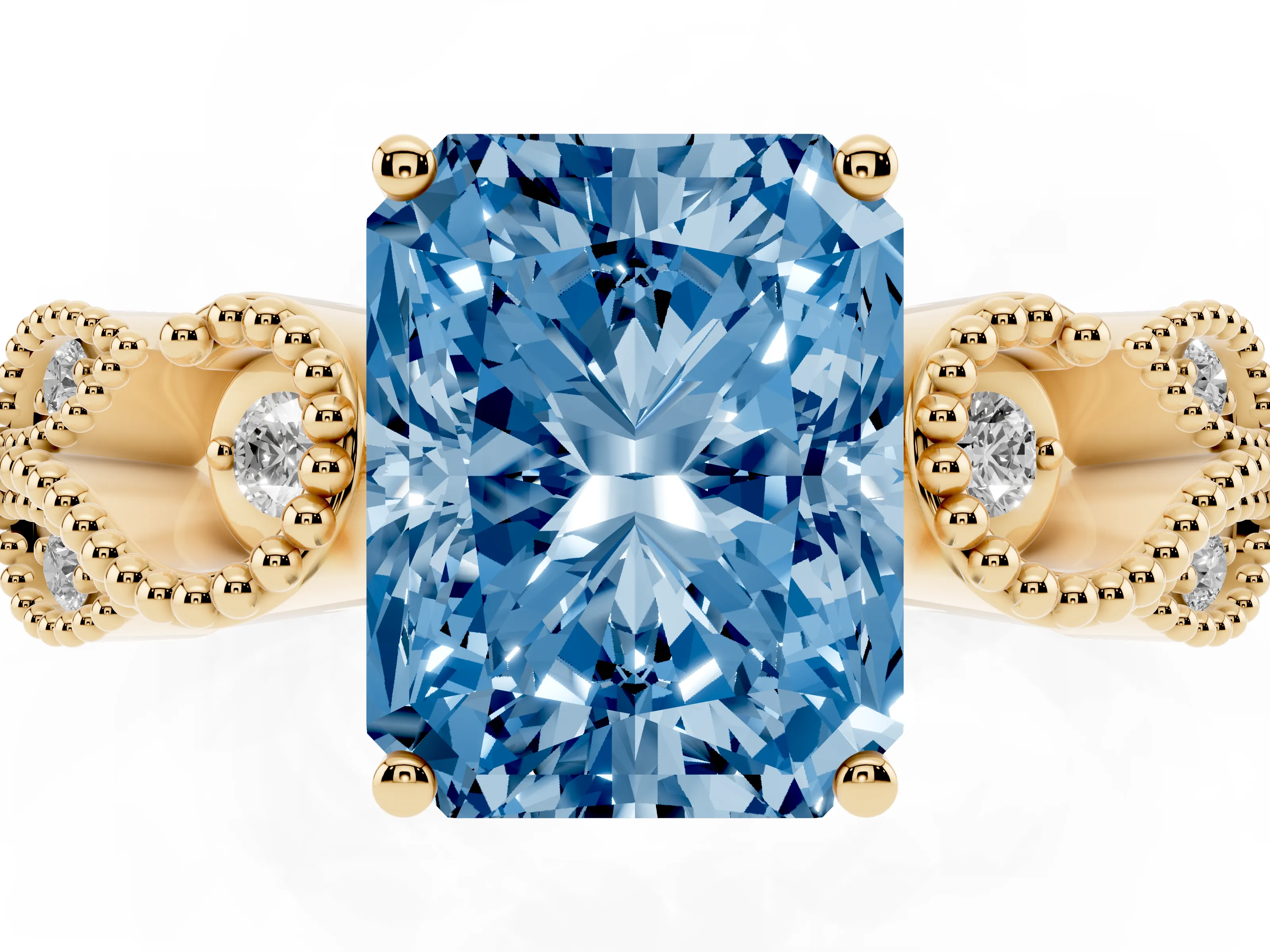 Fancy Blue Radiant Cut Diamond Milgrain Leaf Band Solitaire Ring Set in Yellow gold with Accent Stones and Prong Setting