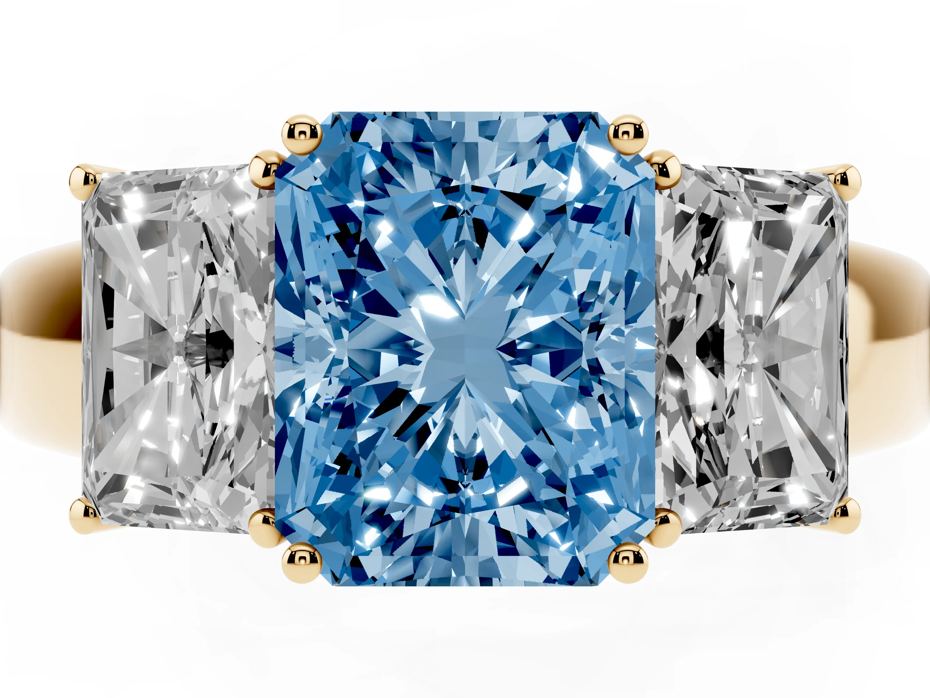 Fancy Blue Three-Stone Radiant Cut Diamond Ring Set in Yellow gold with Matching Prong Settings and Plain Band