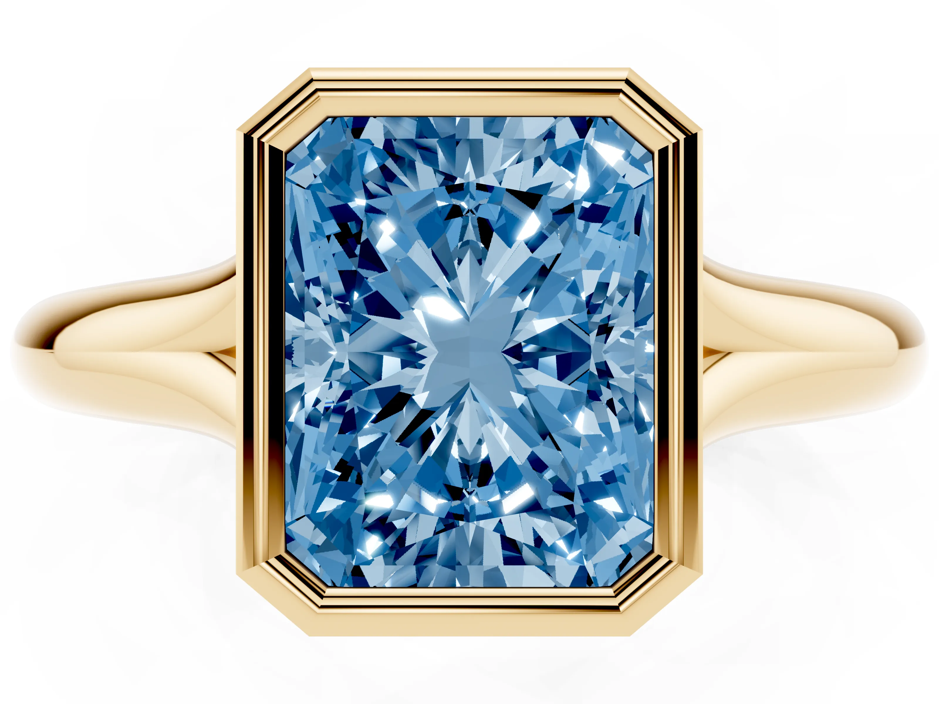 Fancy Blue Bezel Set Radiant Cut Diamond Solitaire Ring Set in Yellow gold with Smooth Band