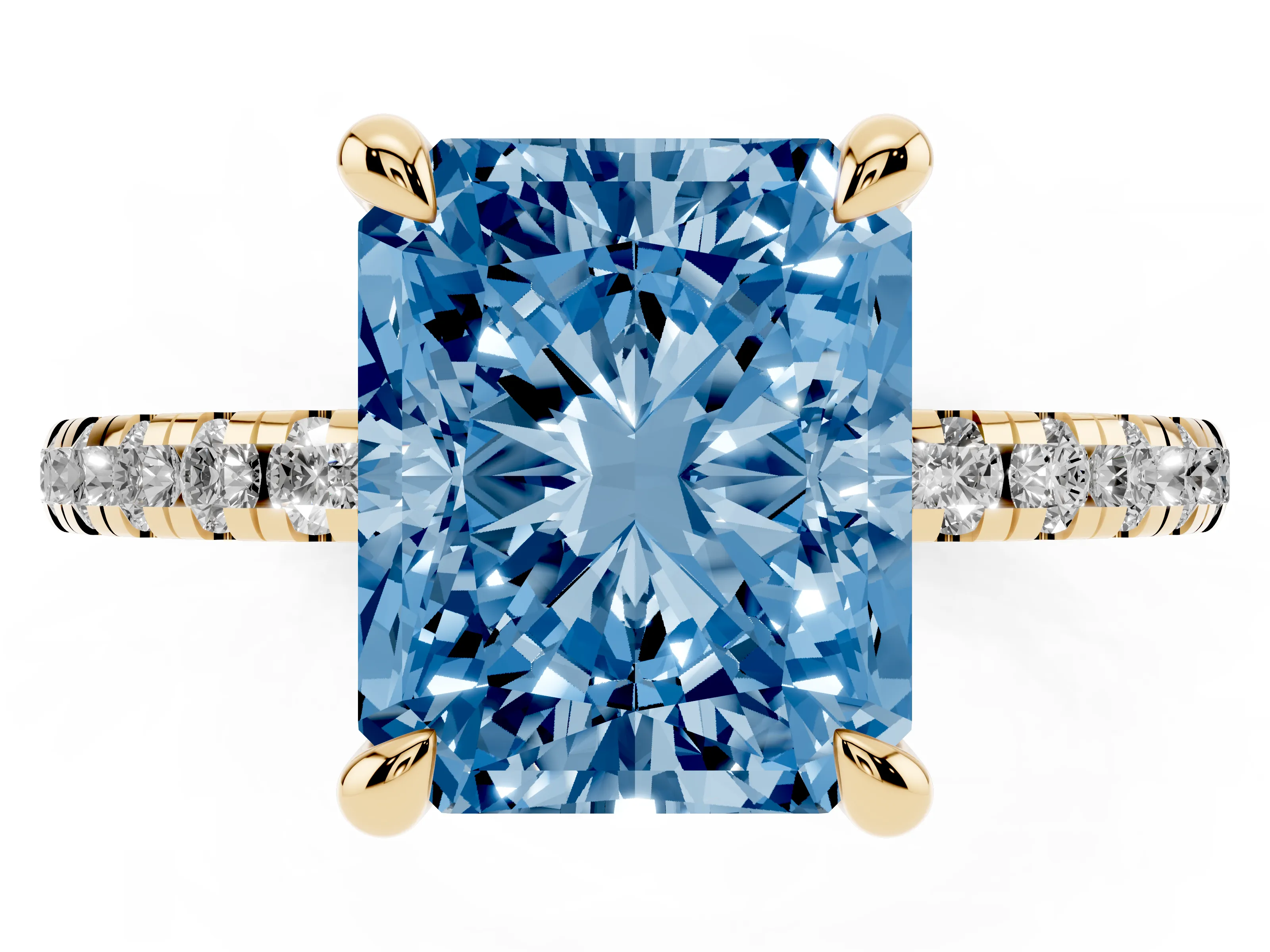 Fancy Blue Radiant Cut Diamond Brilliant Solitaire Ring Set in Yellow gold with Pavé Band and Prong Setting