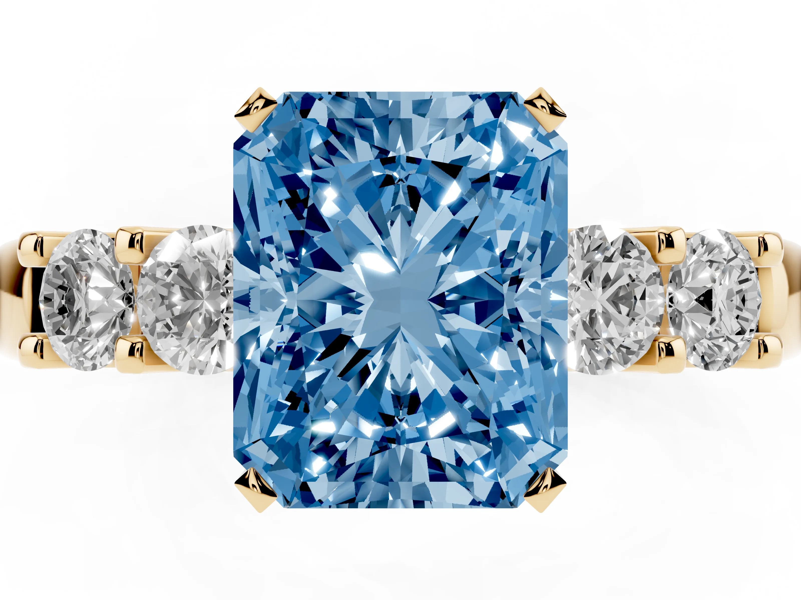 Fancy Blue Radiant Cut Diamond Five-Stone Prong Set Engagement Ring Set in Yellow gold with Channel Band