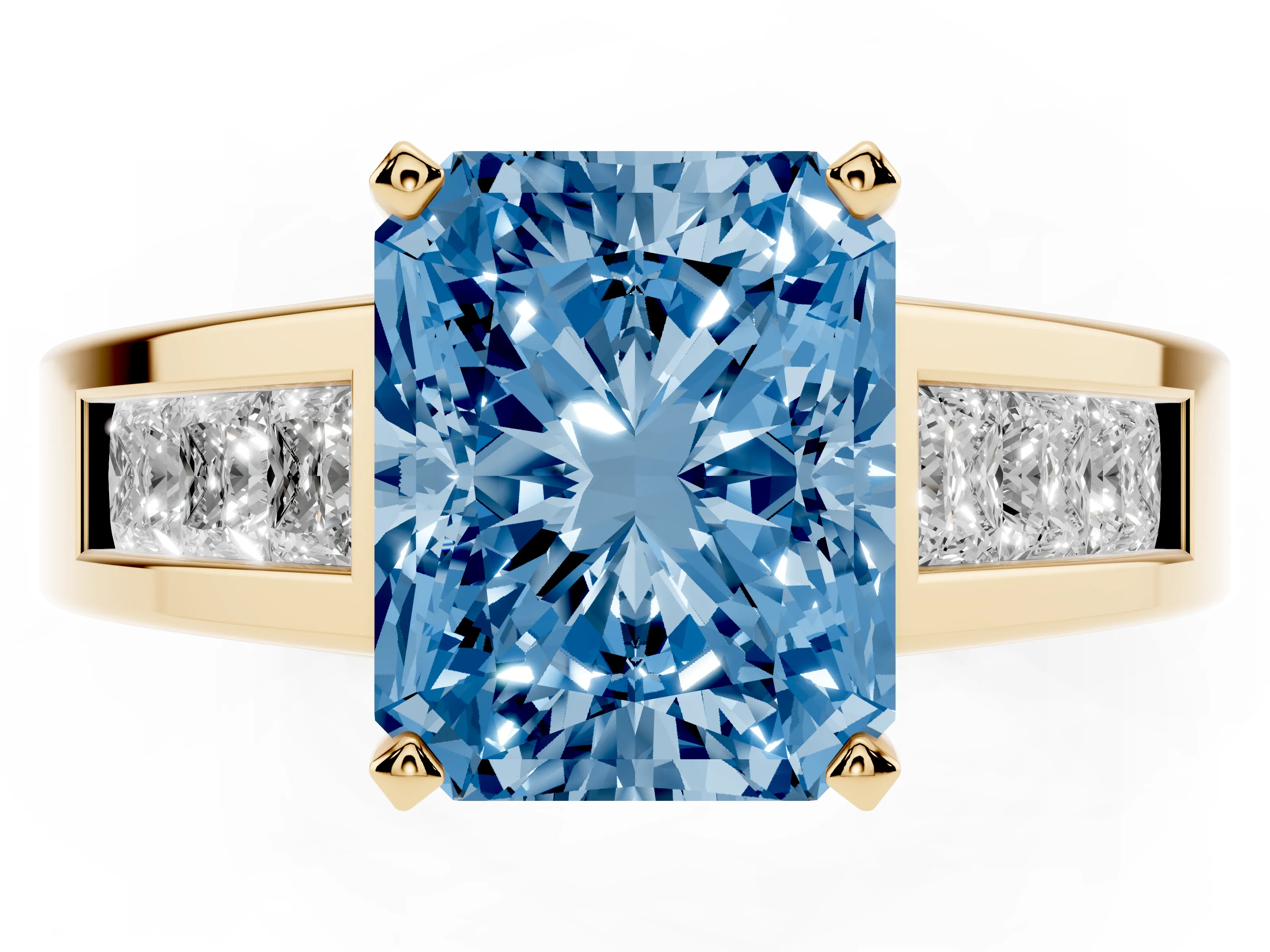Fancy Blue Radiant Cut Diamond Solitaire Ring Set in Yellow gold with Channel-Set Accent Stones and Prong Setting