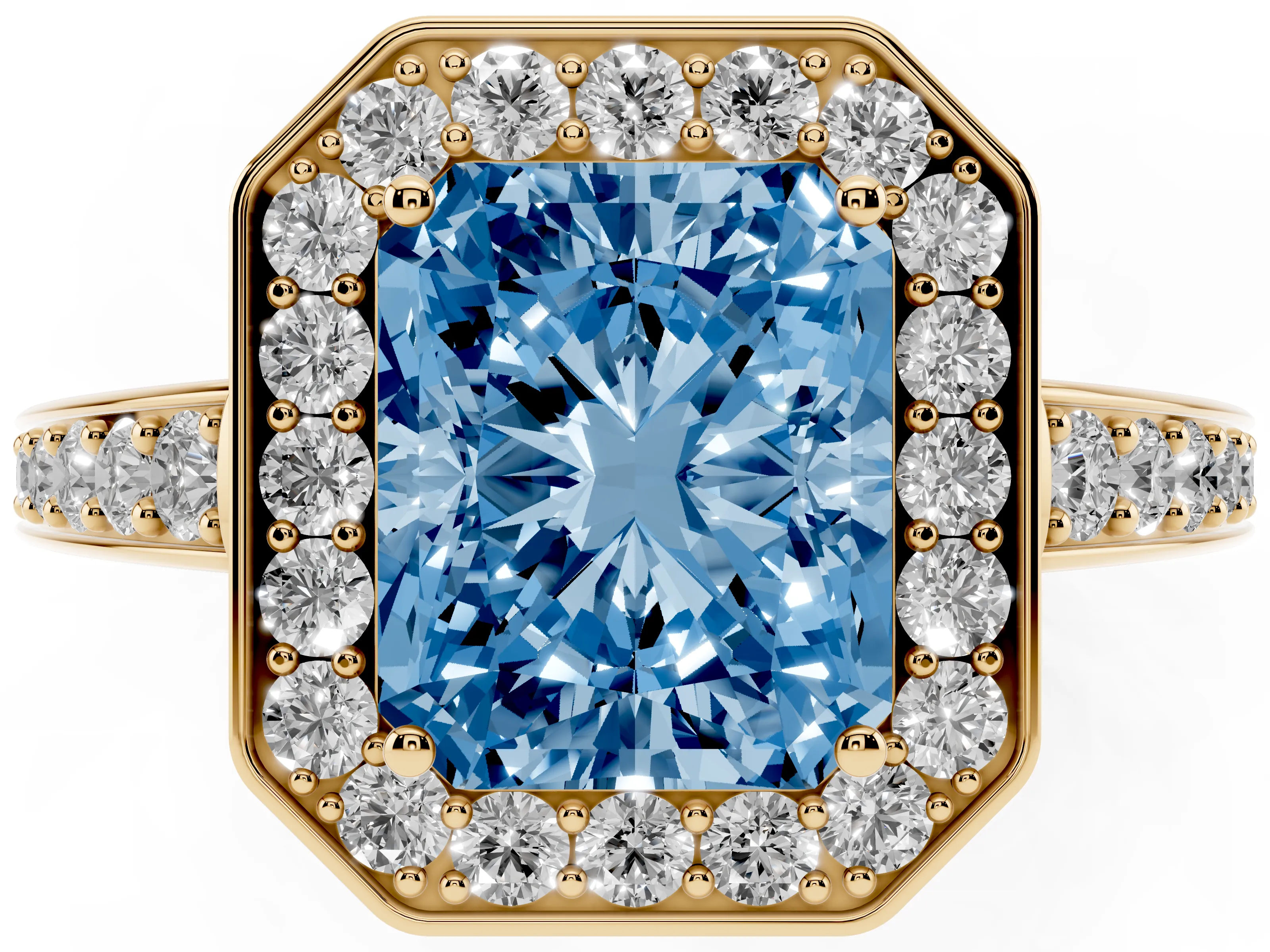 Fancy Blue Radiant Cut Diamond Halo Pavé Engagement Ring Set in Yellow gold with Bezel Setting