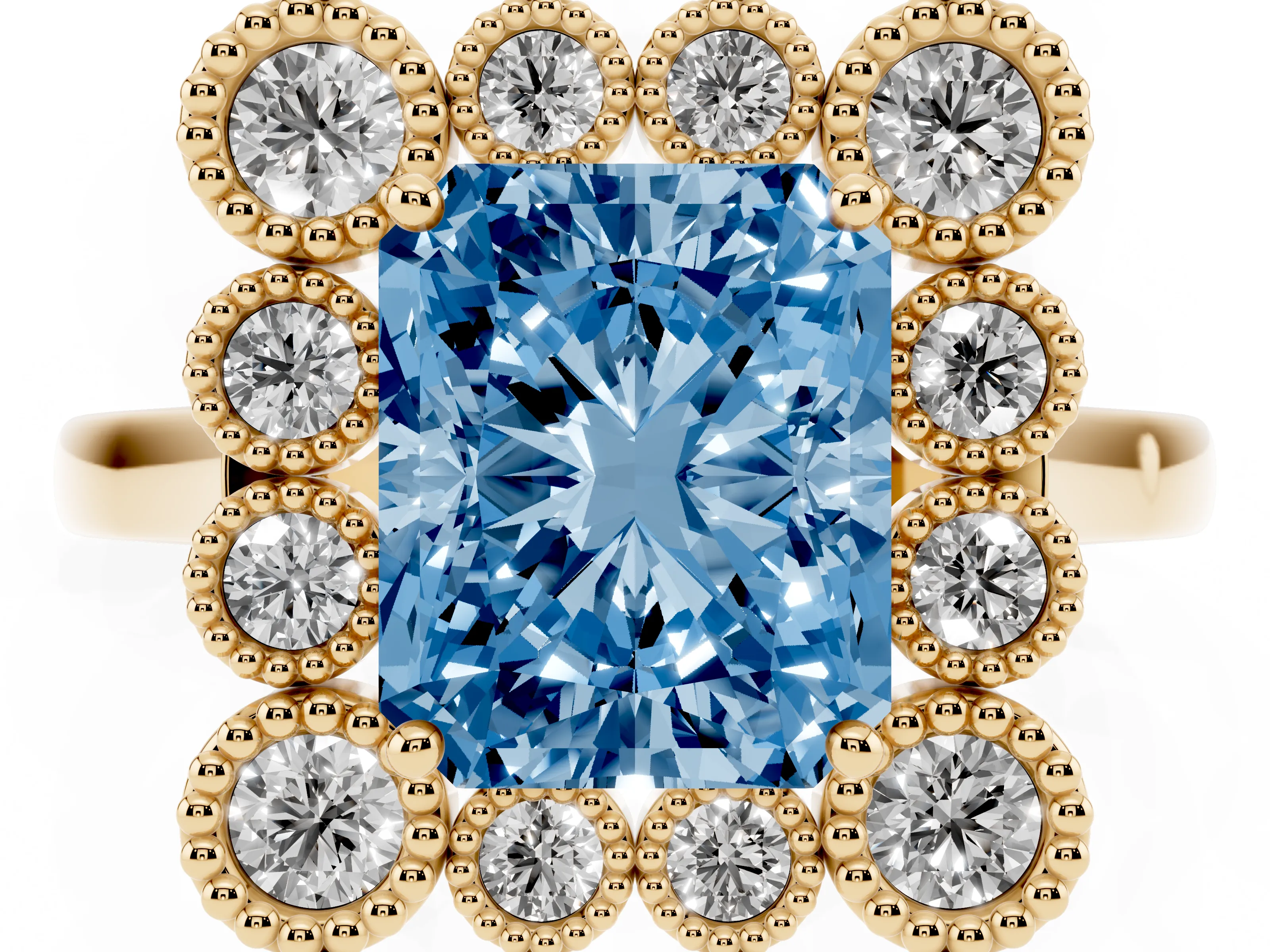 Fancy Blue Radiant Cut Diamond Cluster Halo Ring Set in Yellow gold with Milgrain Bezel Accents and Plain Band