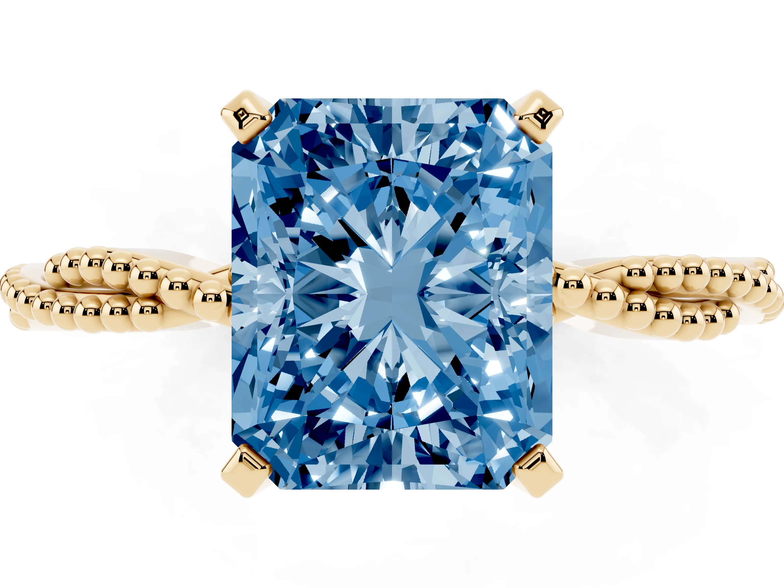 Fancy Blue Radiant Cut Diamond Solitaire Ring Set in Yellow gold with Twisted Band and Bead Prong Setting