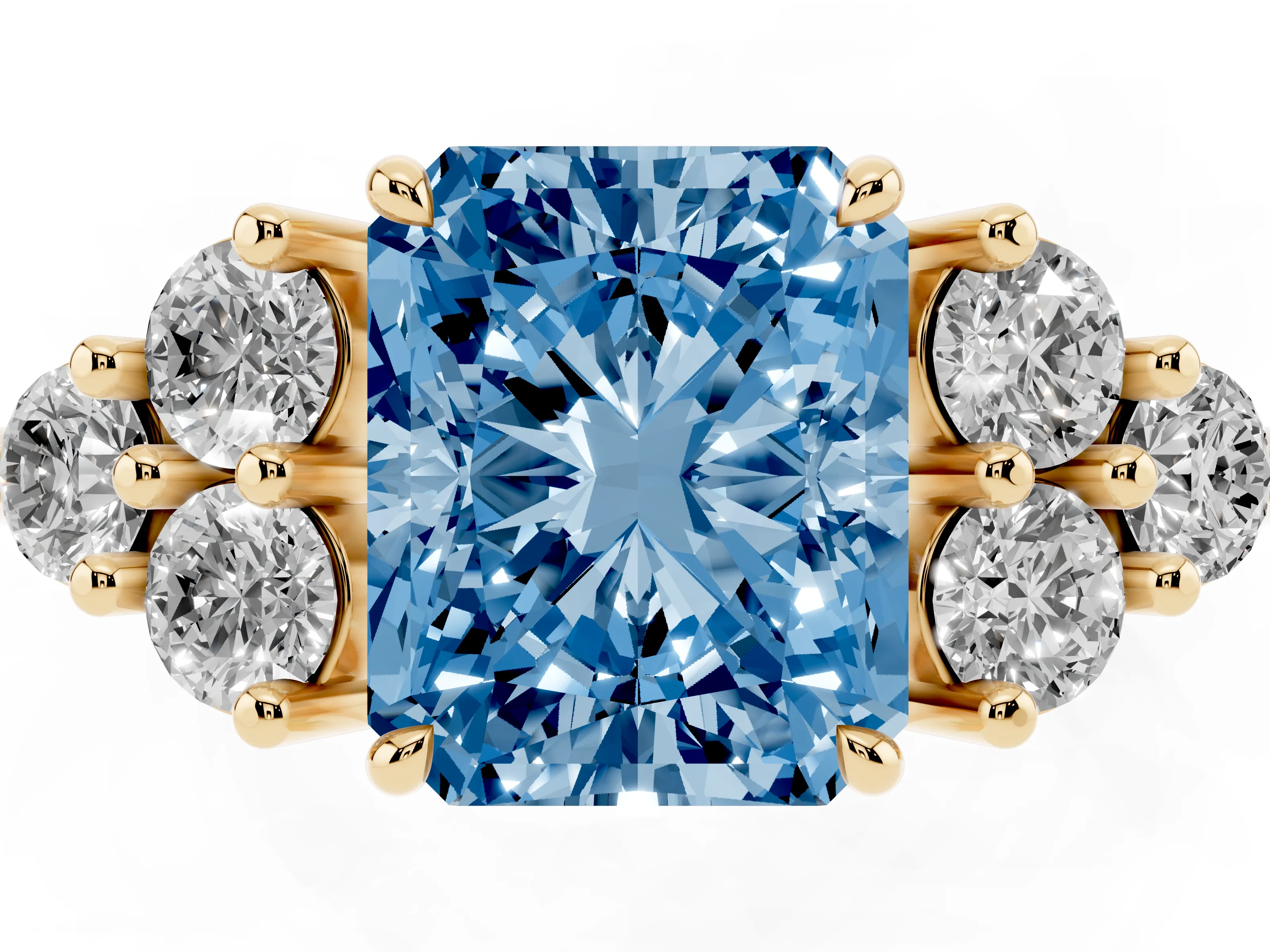 Fancy Blue Radiant Cut Diamond Solitaire Ring Set in Yellow gold with Cluster Accents on Each Side