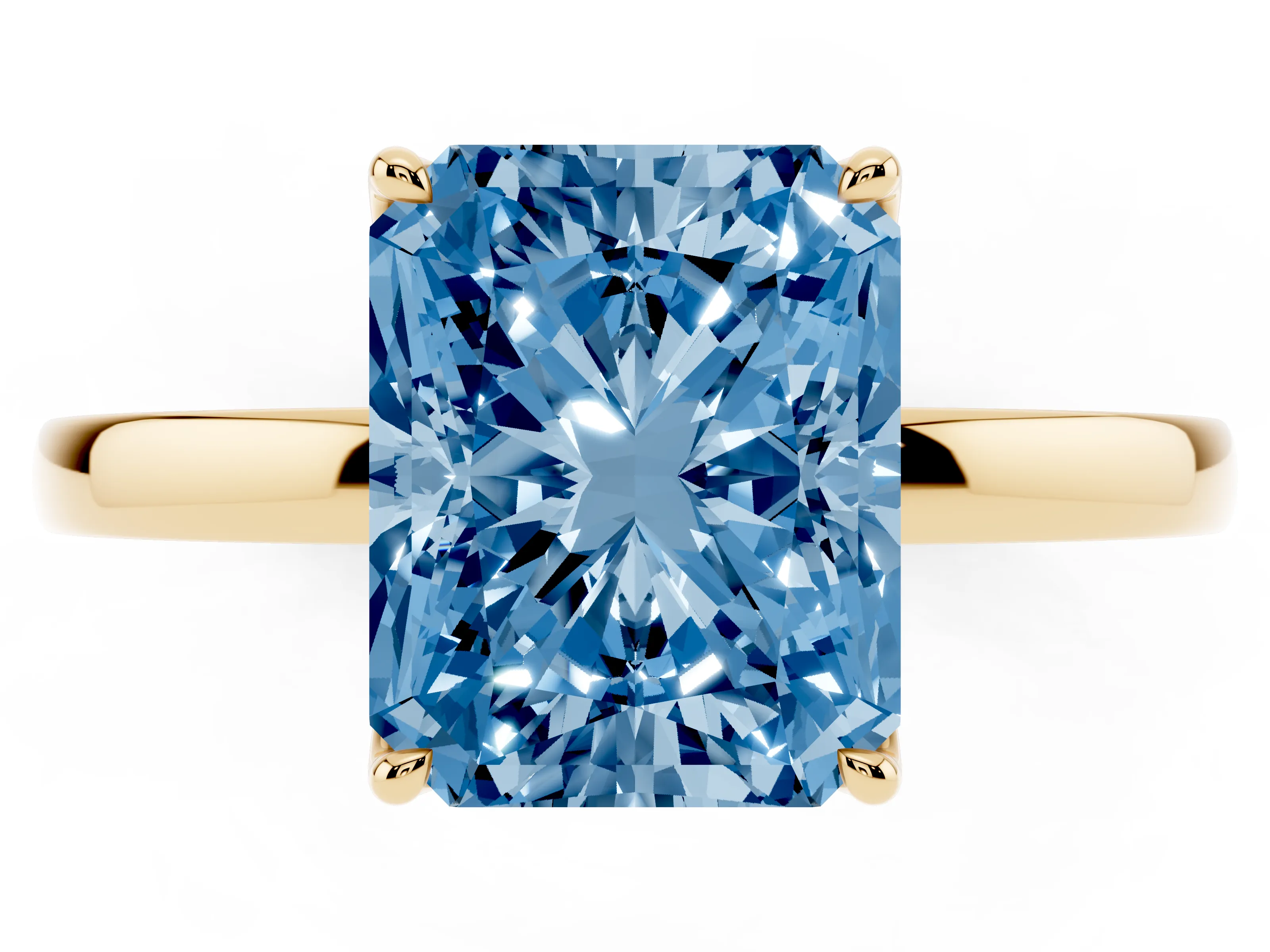 Fancy Blue Radiant Cut Diamond Solitaire Ring Set in Yellow gold with Prong Setting and Thin Polished Band