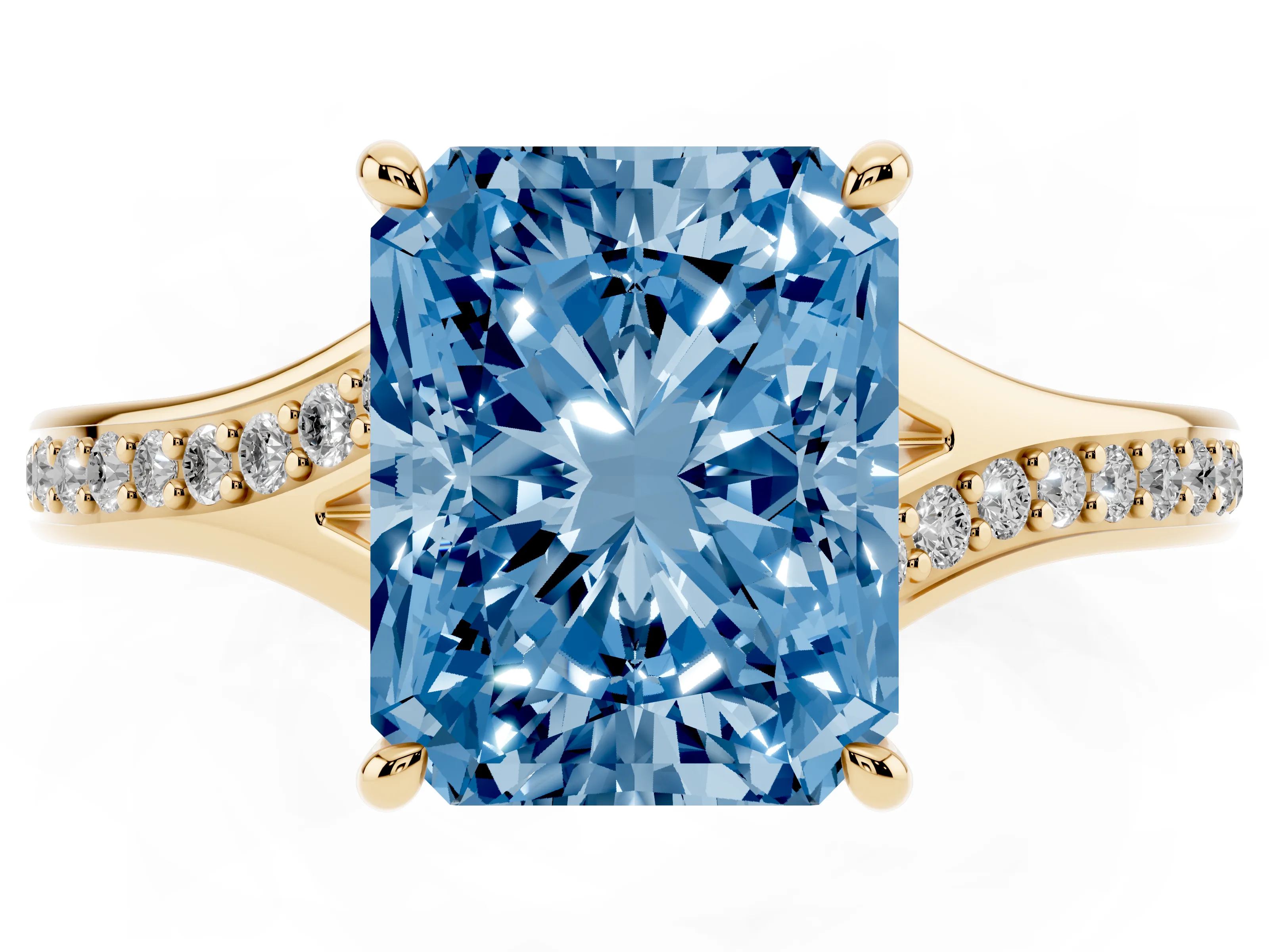 Fancy Blue Radiant Cut Diamond Solitaire Ring Set in Yellow gold with Pavé Accent Band and Classic Prong Setting