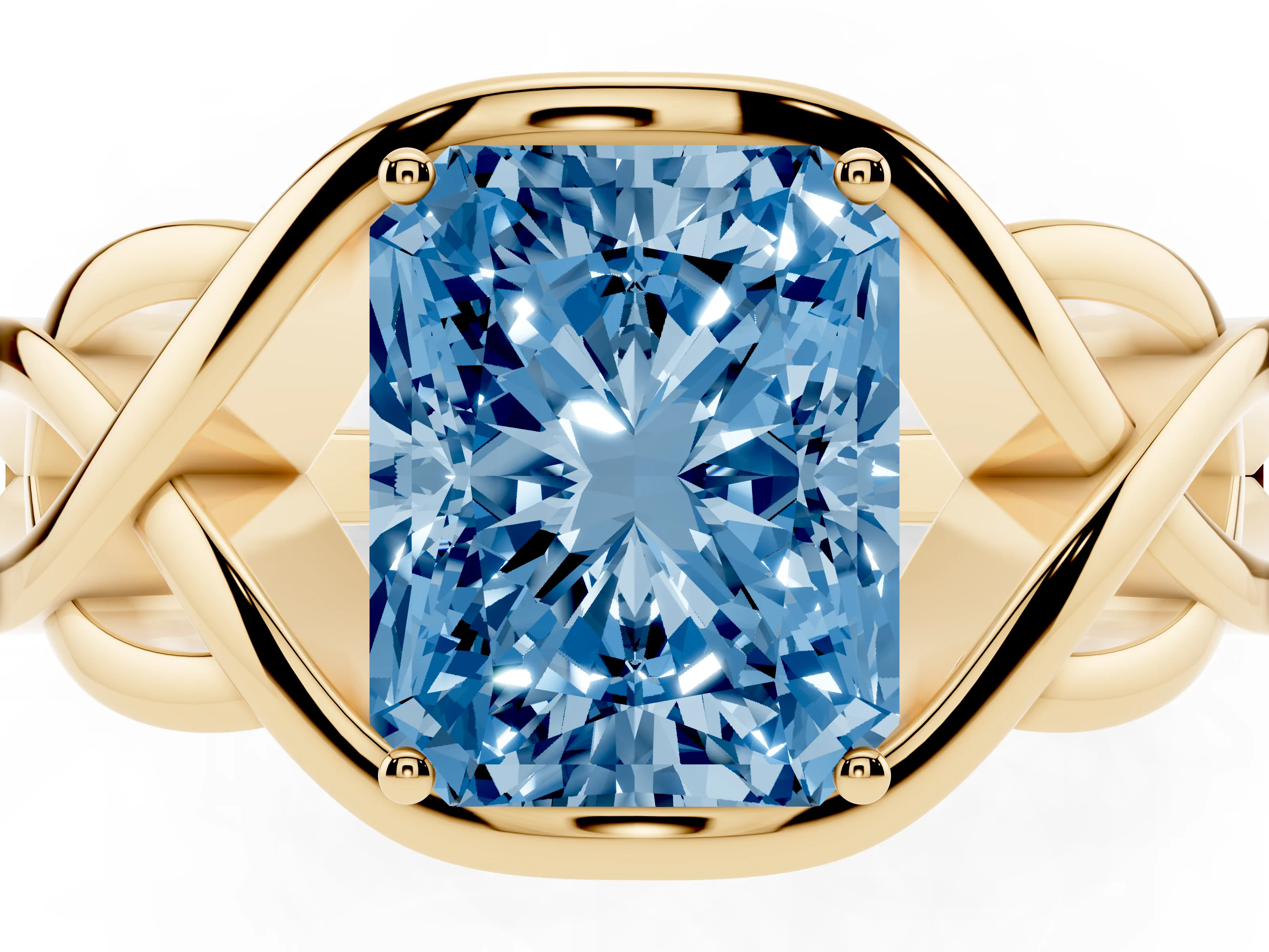 Fancy Blue Radiant Cut Diamond Solitaire Ring Set in Yellow gold with Intertwined Band