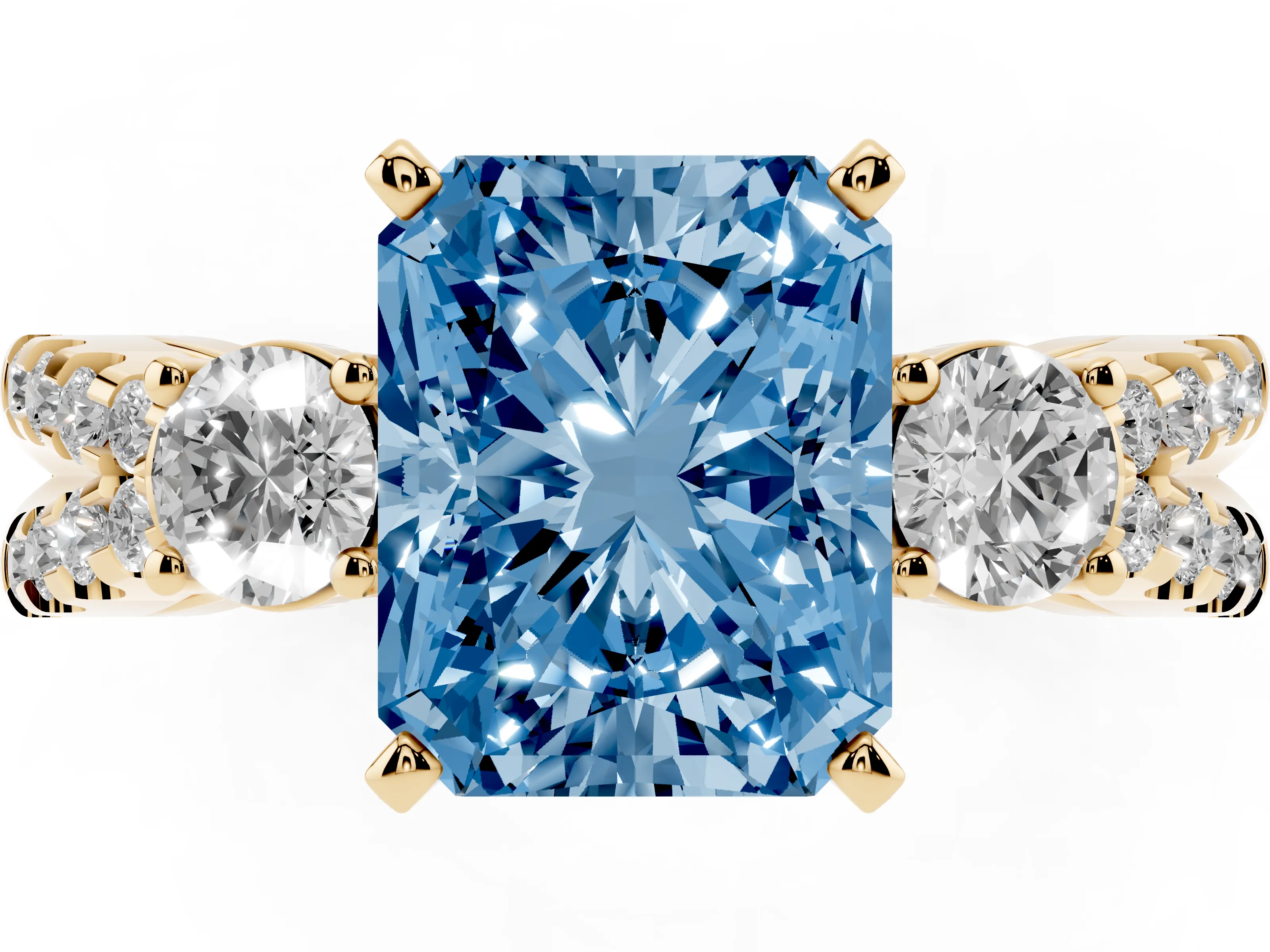 Fancy Blue Radiant Cut Diamond Three-Stone Ring Set in Yellow gold with Pavé Split Shank and Prong Setting