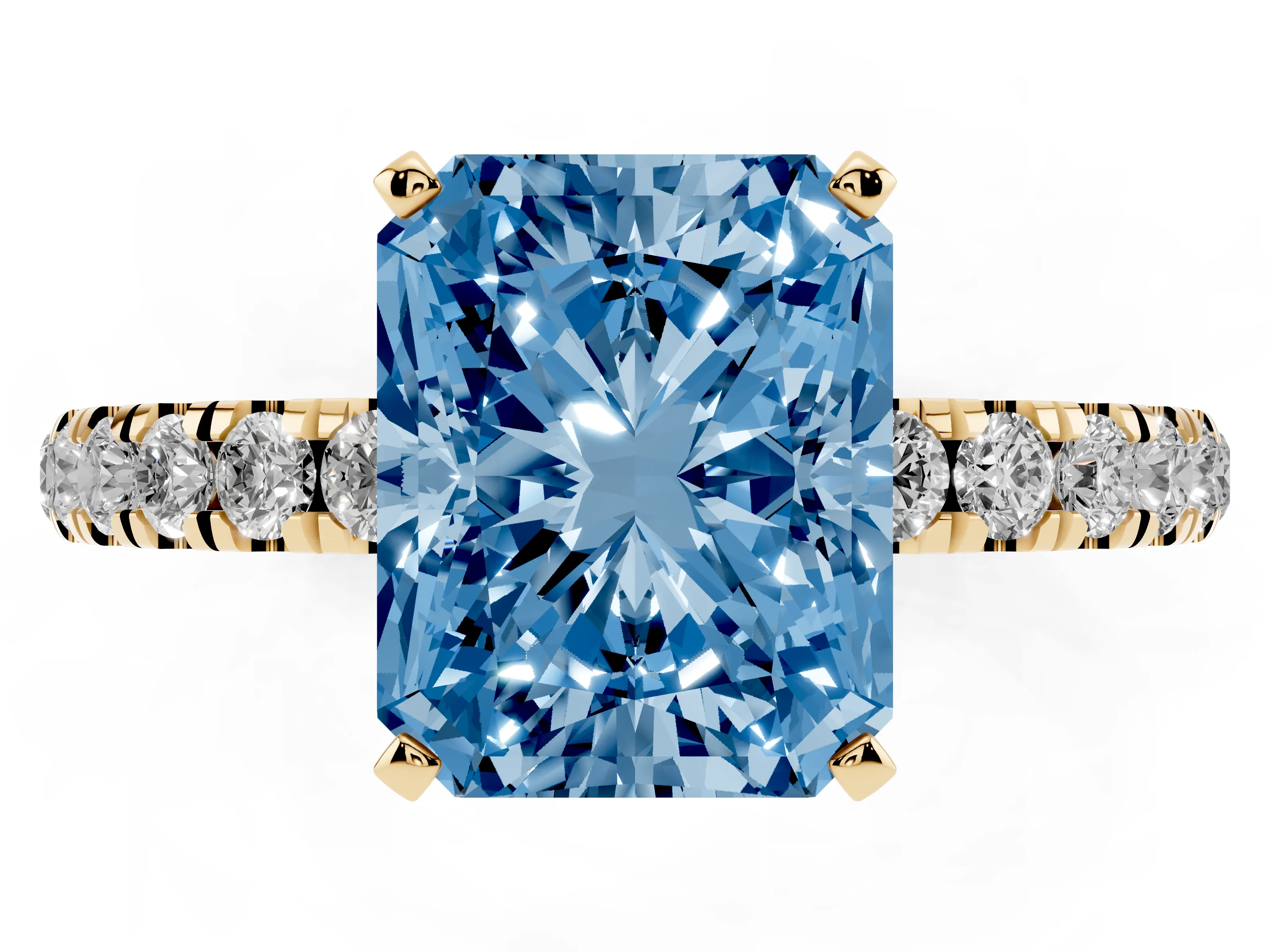 Fancy Blue Radiant Cut Diamond Solitaire Ring Set in Yellow gold with Pavé Accents and Prong Setting