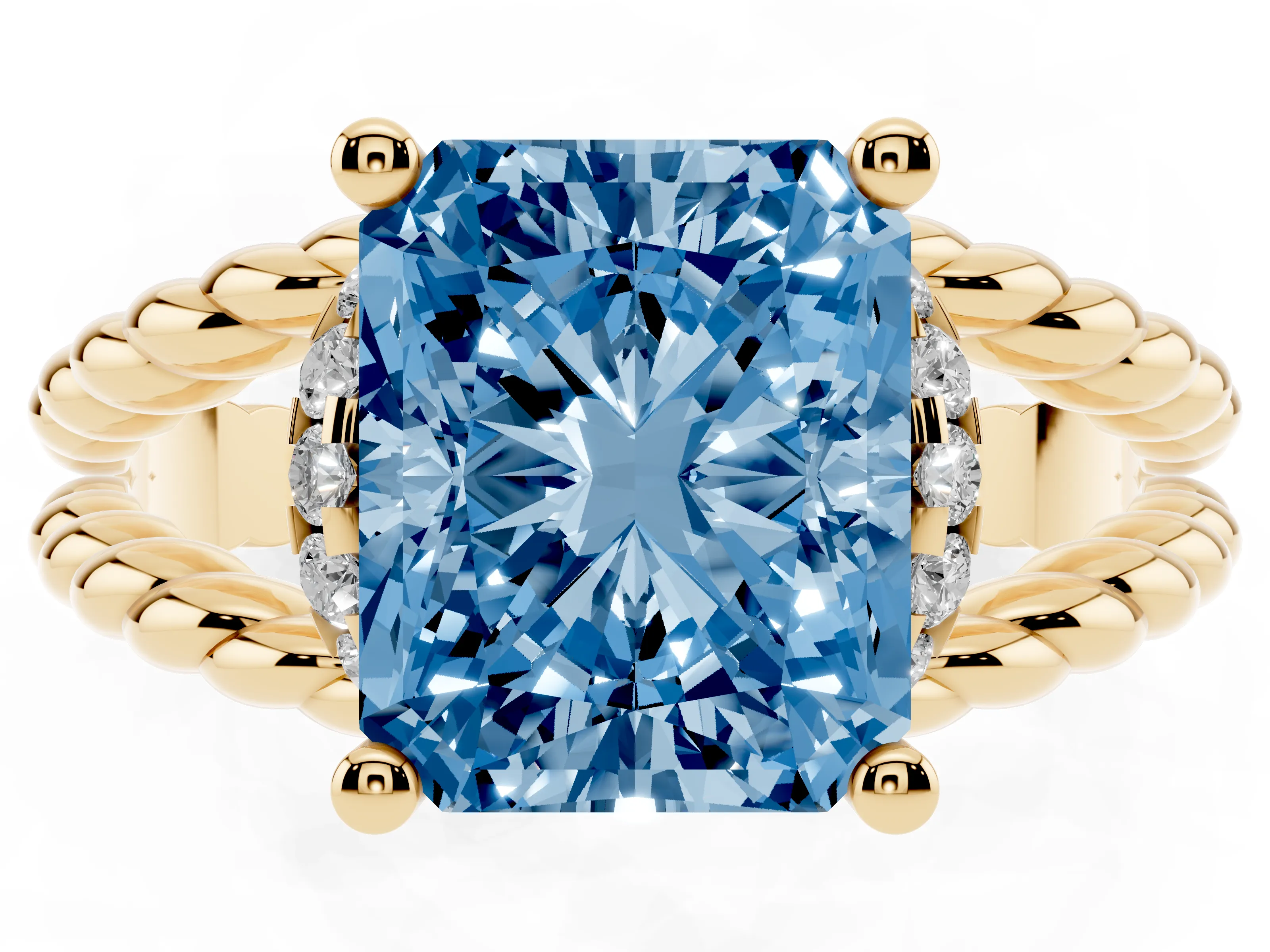 Fancy Blue Radiant Cut Diamond Halo Ring Set in Yellow gold with Twisted Band and Prong Setting