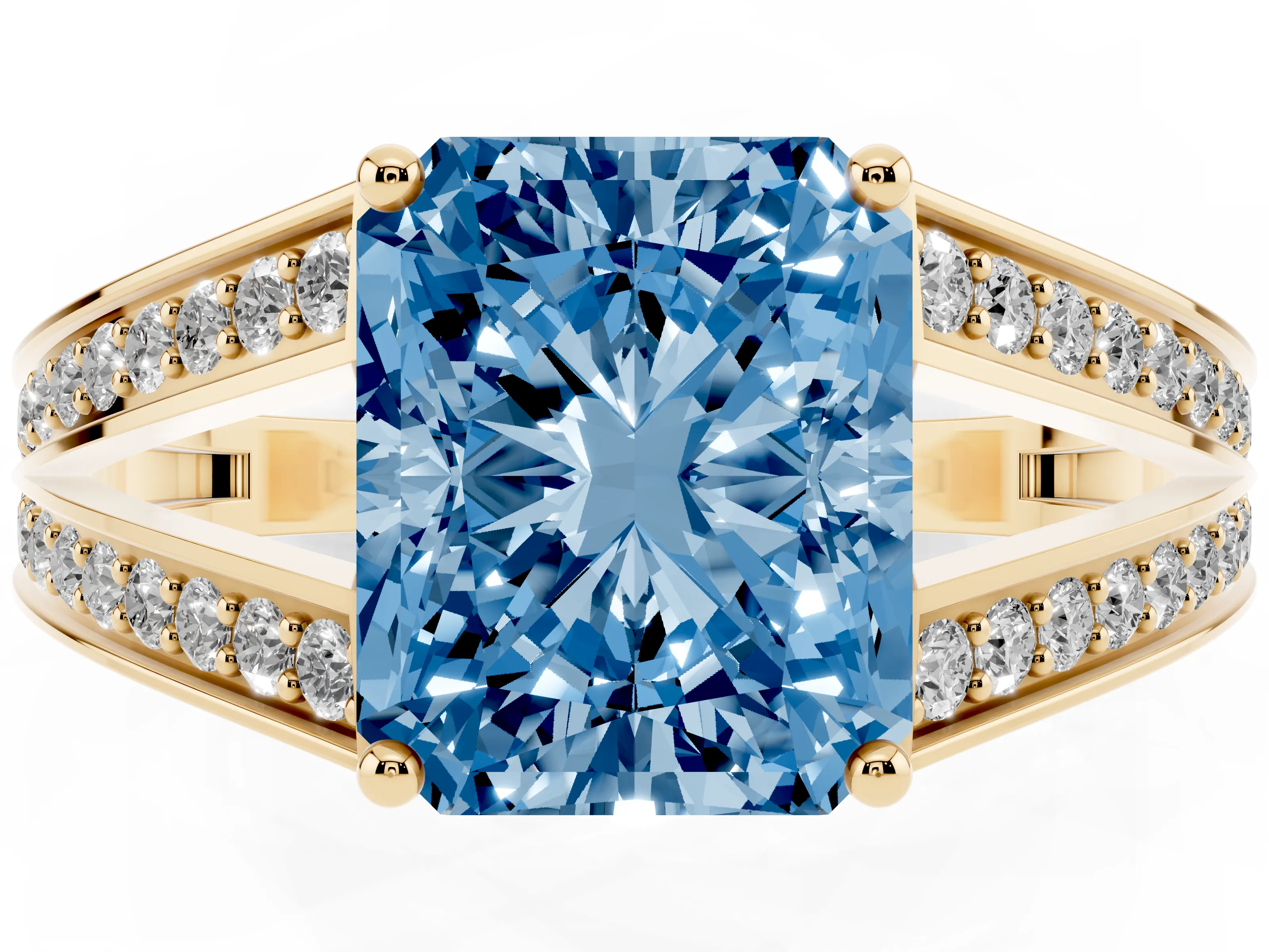 Fancy Blue Radiant Cut Diamond Split Shank Ring Set in Yellow gold with Pavé Band and Prong Setting