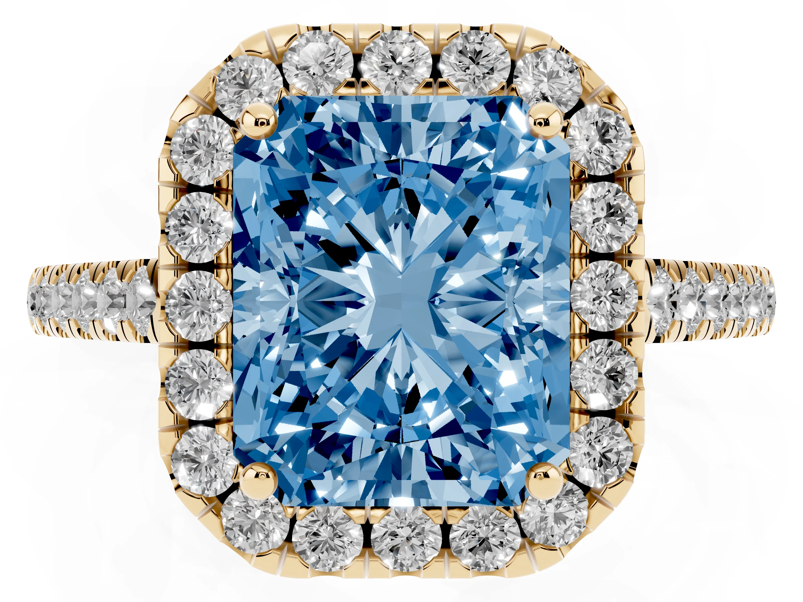 Fancy Blue Radiant Cut Diamond Pavé Halo Engagement Ring Set in Yellow gold with Pavé Band and Prong Setting
