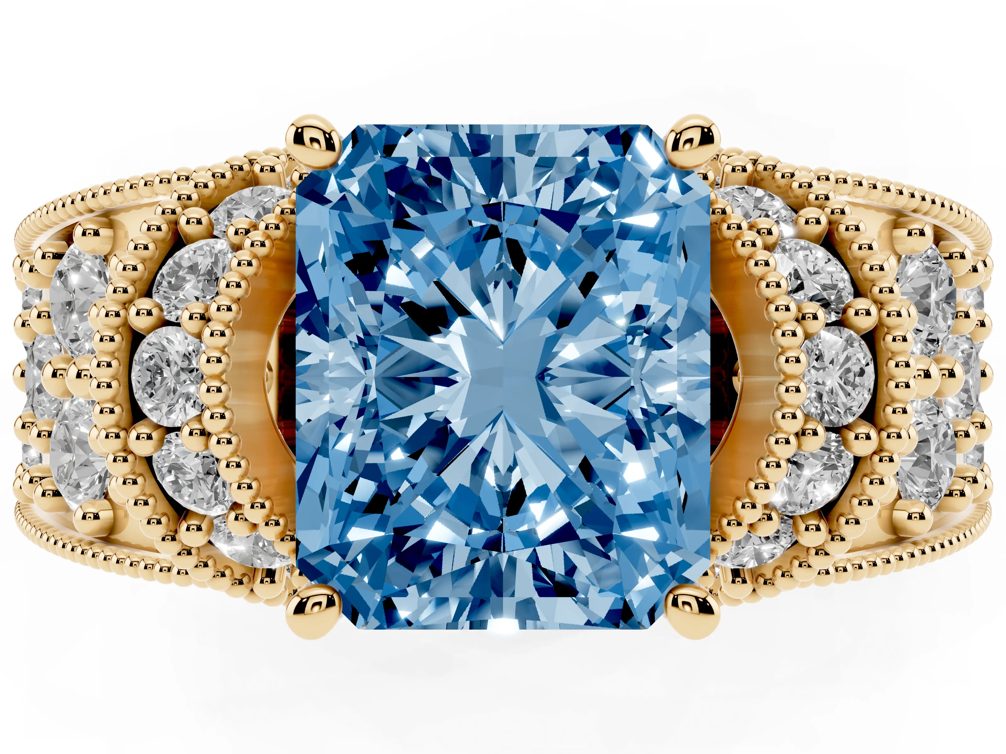 Fancy Blue Radiant Cut Diamond Milgrain Halo Pavé Engagement Ring Set in Yellow gold with Prong Setting