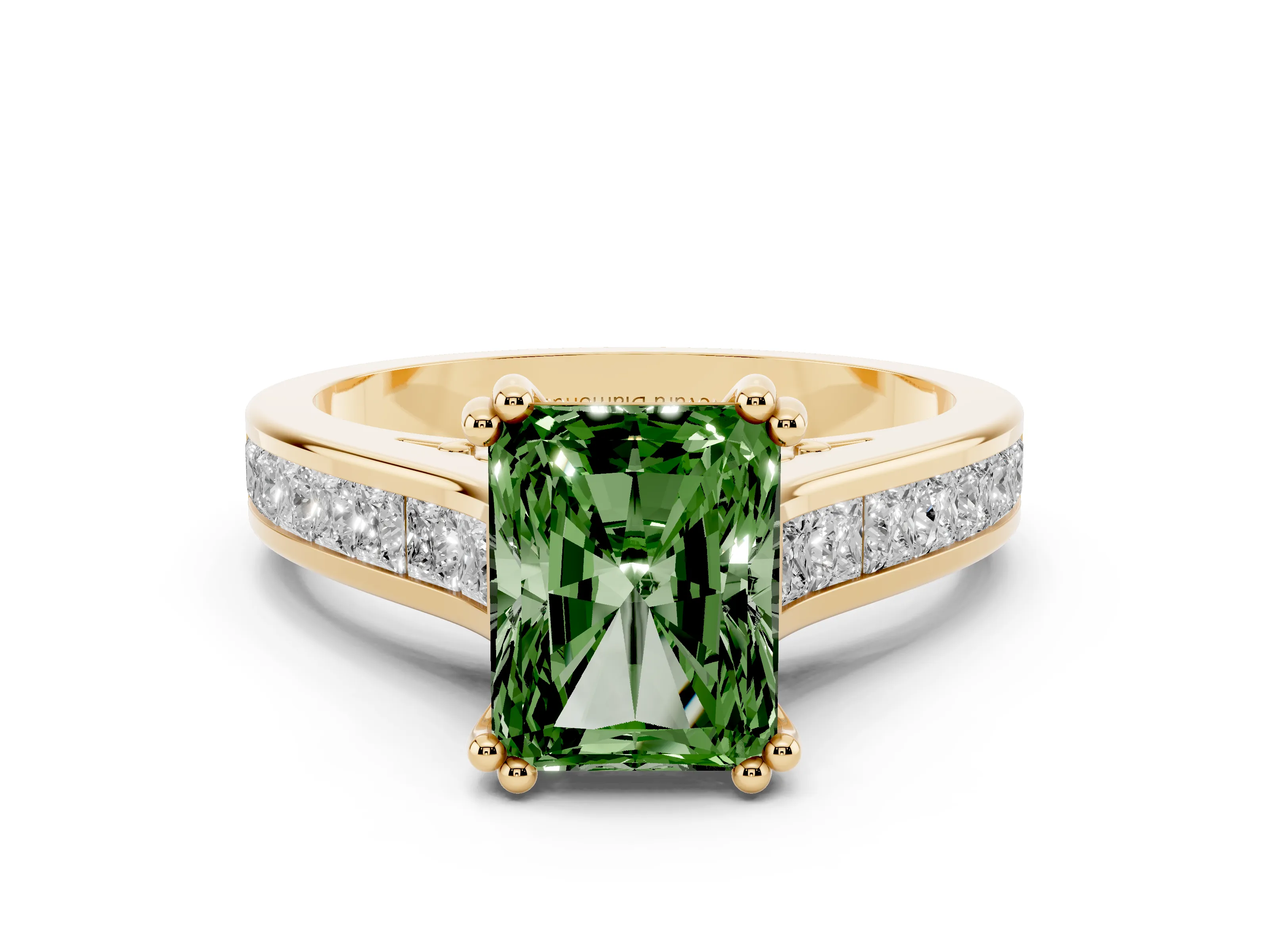 Fancy Green Radiant Cut Diamond Channel Set Solitaire Engagement Ring Set in Yellow gold with Prong Setting