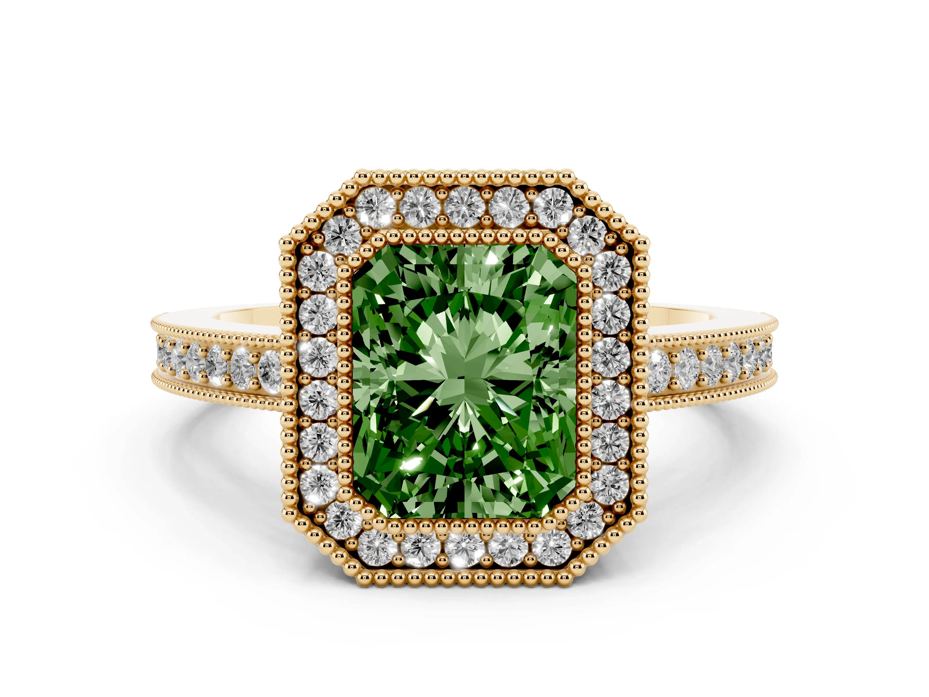 Fancy Green Radiant Cut Diamond Round Halo Ring Set in Yellow gold with Pavé Band