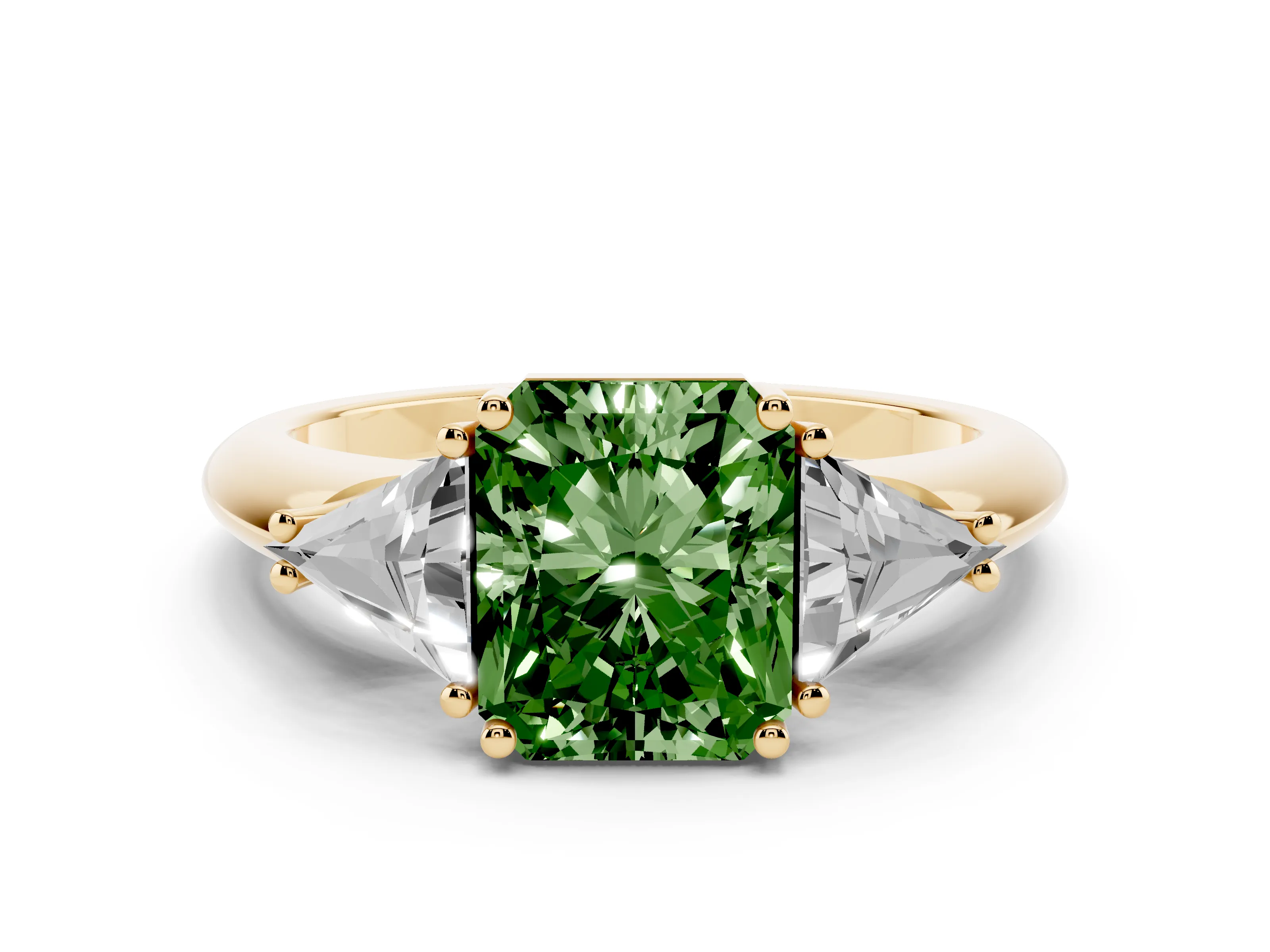 Fancy Green Radiant Cut Diamond Three-Stone Engagement Ring Set in Yellow gold with Trillion Side Stones