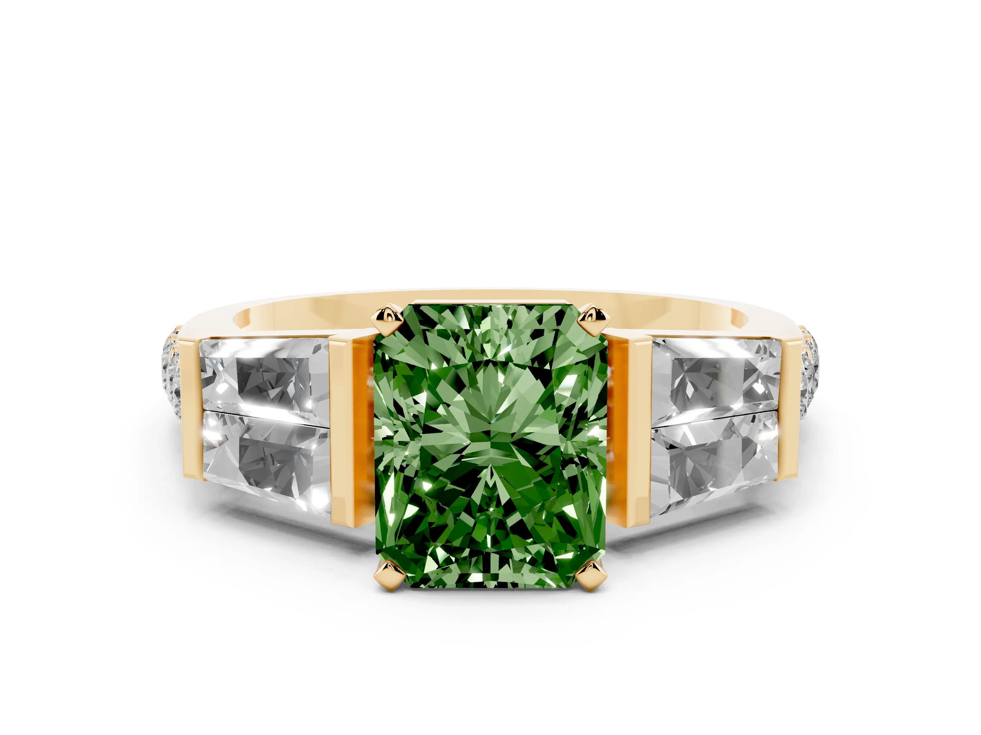Fancy Green Radiant Cut Diamond Engagement Ring Set in Yellow gold with Baguette Side Stones and Channel Set Band