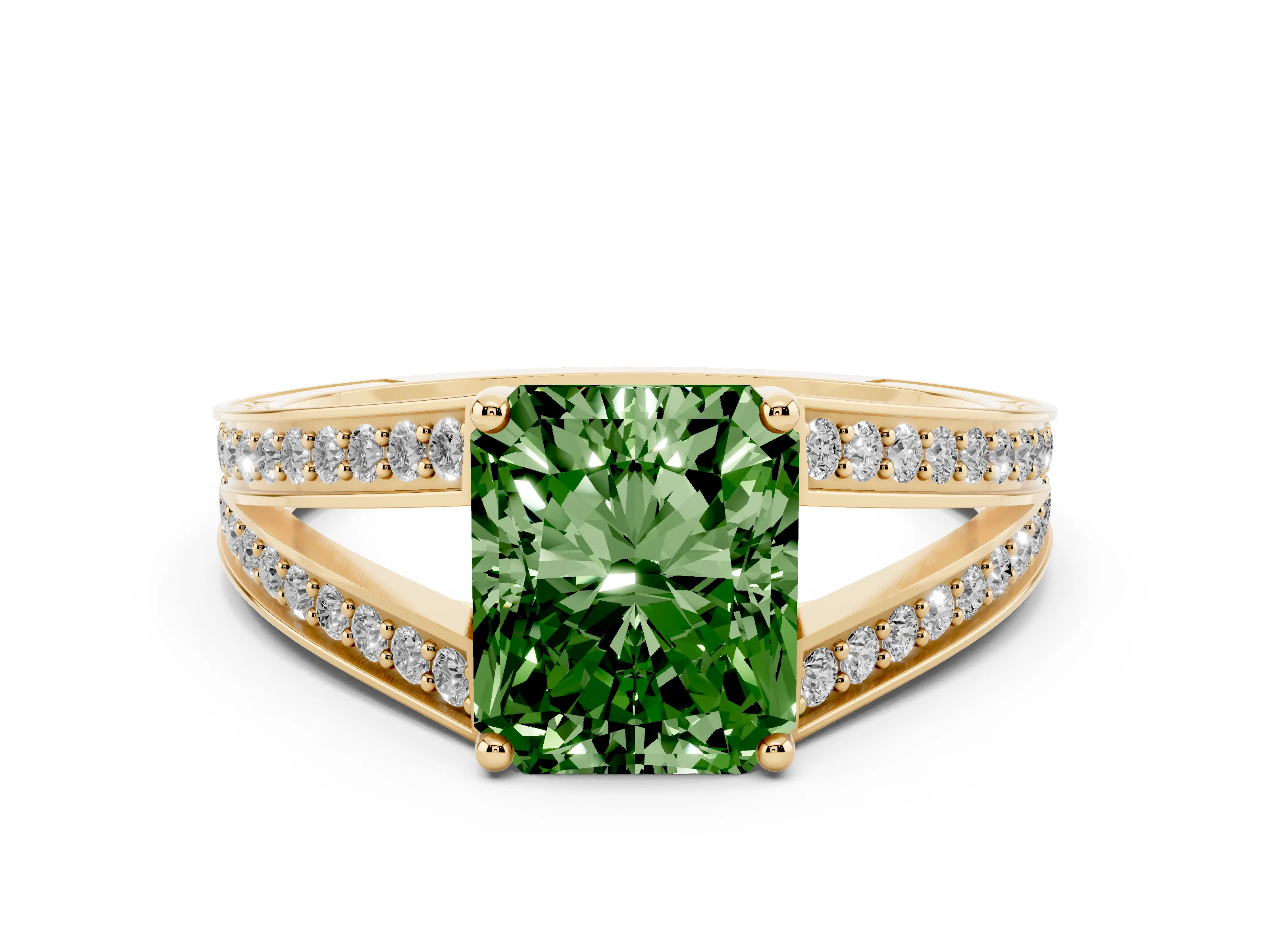 Fancy Green Radiant Cut Diamond Split Shank Ring Set in Yellow gold with Pavé Band and Prong Setting