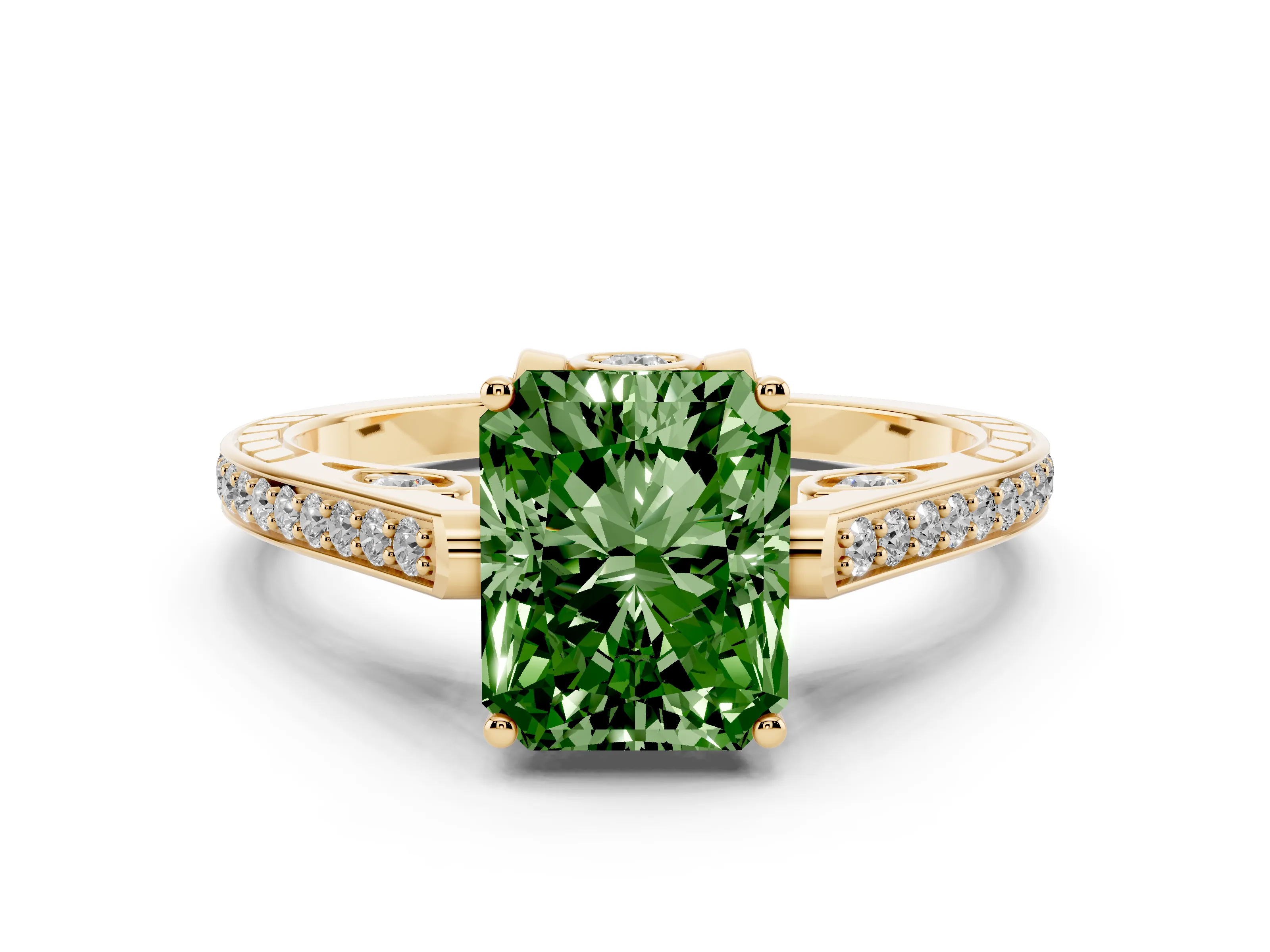Fancy Green Radiant Cut Diamond Cathedral Pavé Engagement Ring Set in Yellow gold with Prong Setting