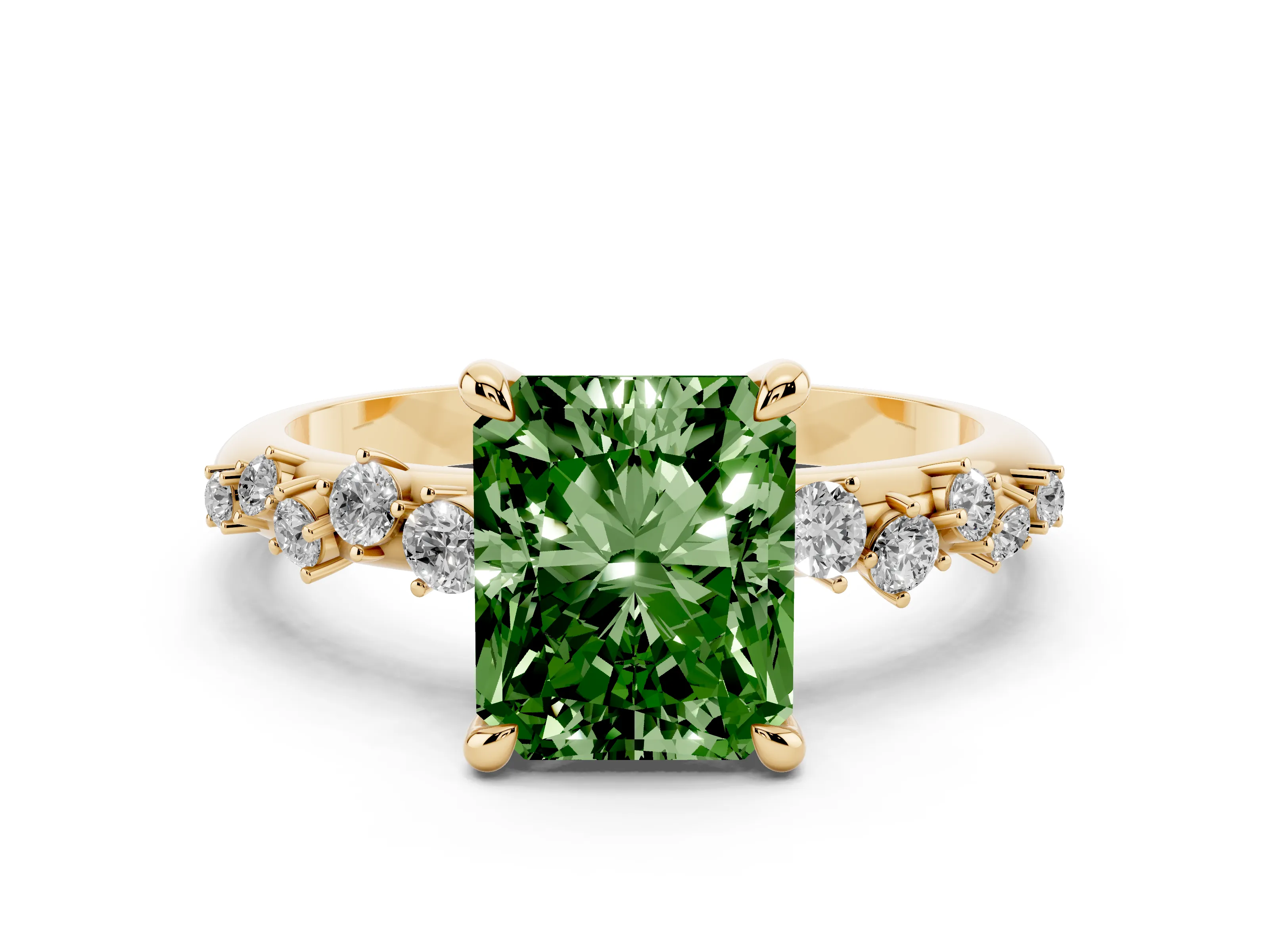 Fancy Green Radiant Cut Diamond Solitaire Vine Band Ring Set in Yellow gold with Round Accents and Prong Setting