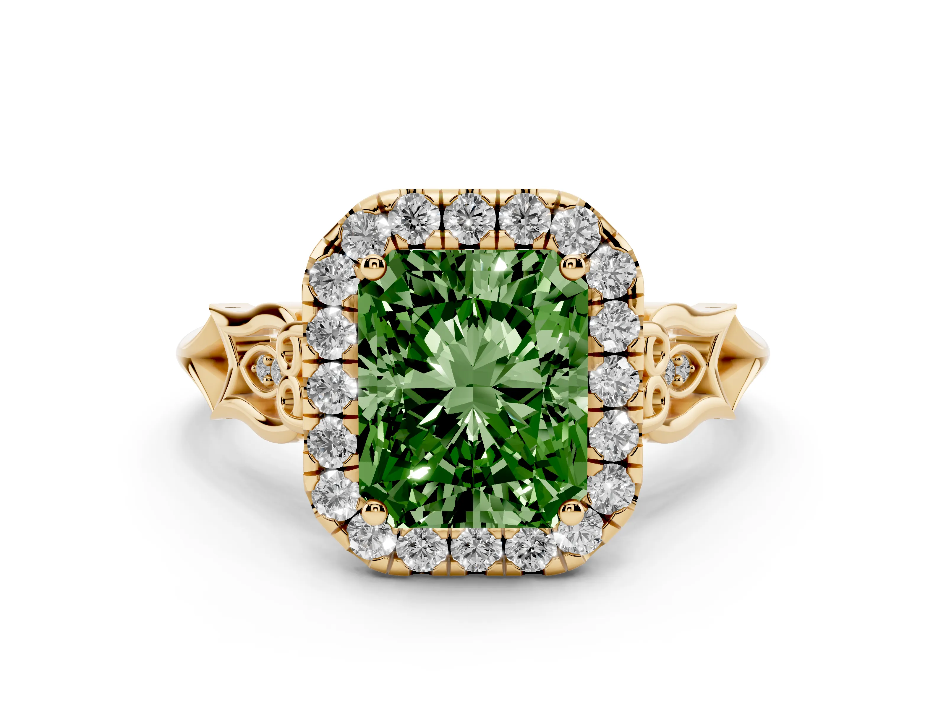 Fancy Green Radiant Cut Diamond Halo Engagement Ring Set in Yellow gold with Filigree Band and Prong-Set Center