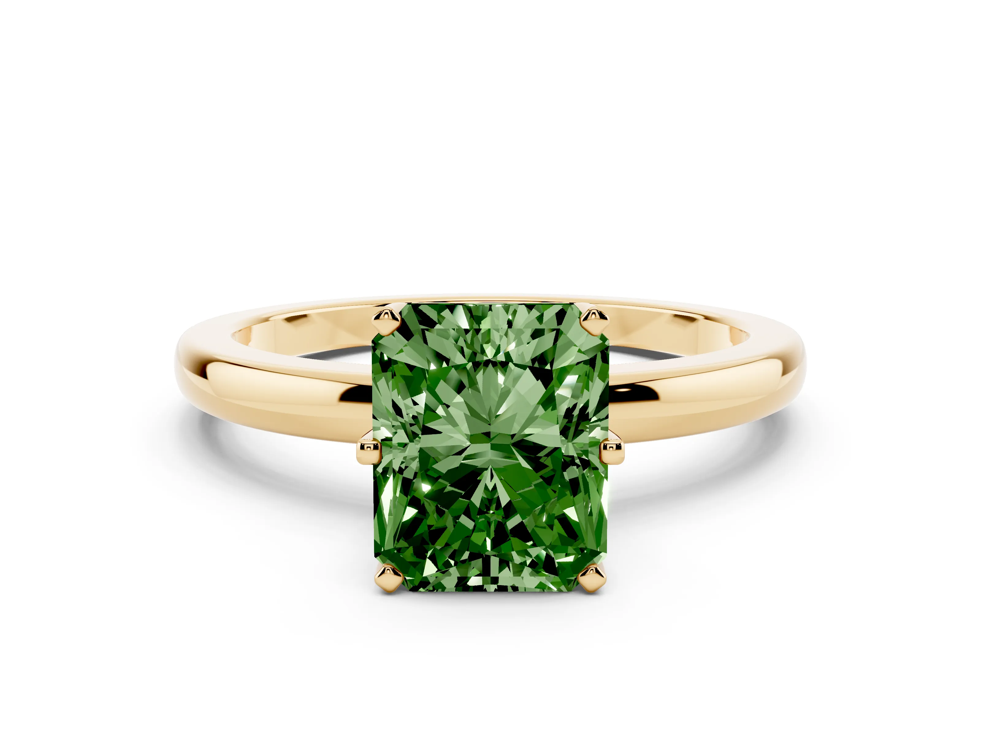 Fancy Green Radiant Cut Diamond Solitaire Ring Set in Yellow gold with Raised Prong Setting on a Classic Band