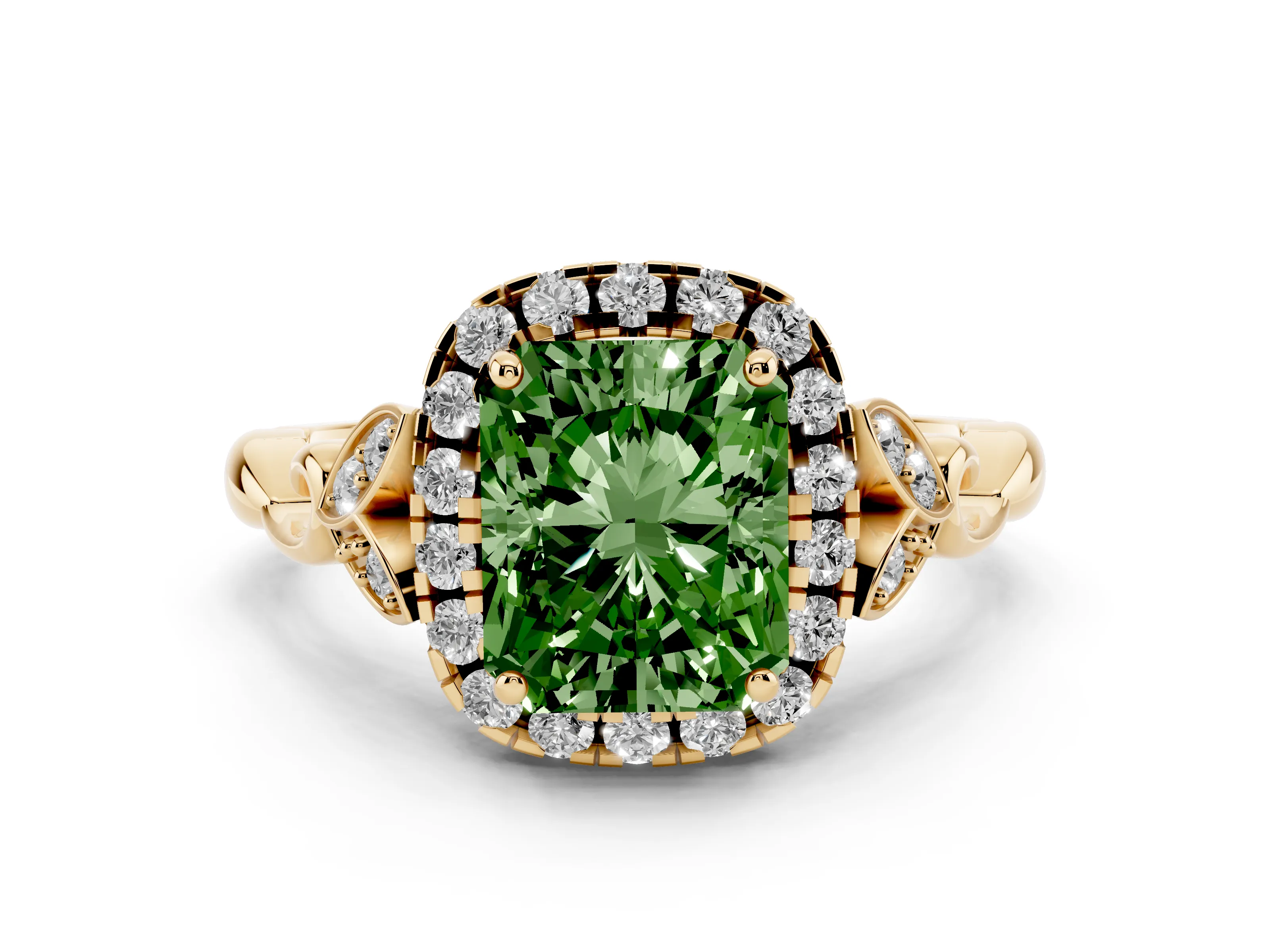 Fancy Green Radiant Cut Diamond Halo Engagement Ring Set in Yellow gold with Vintage-Inspired Band and Prong Setting