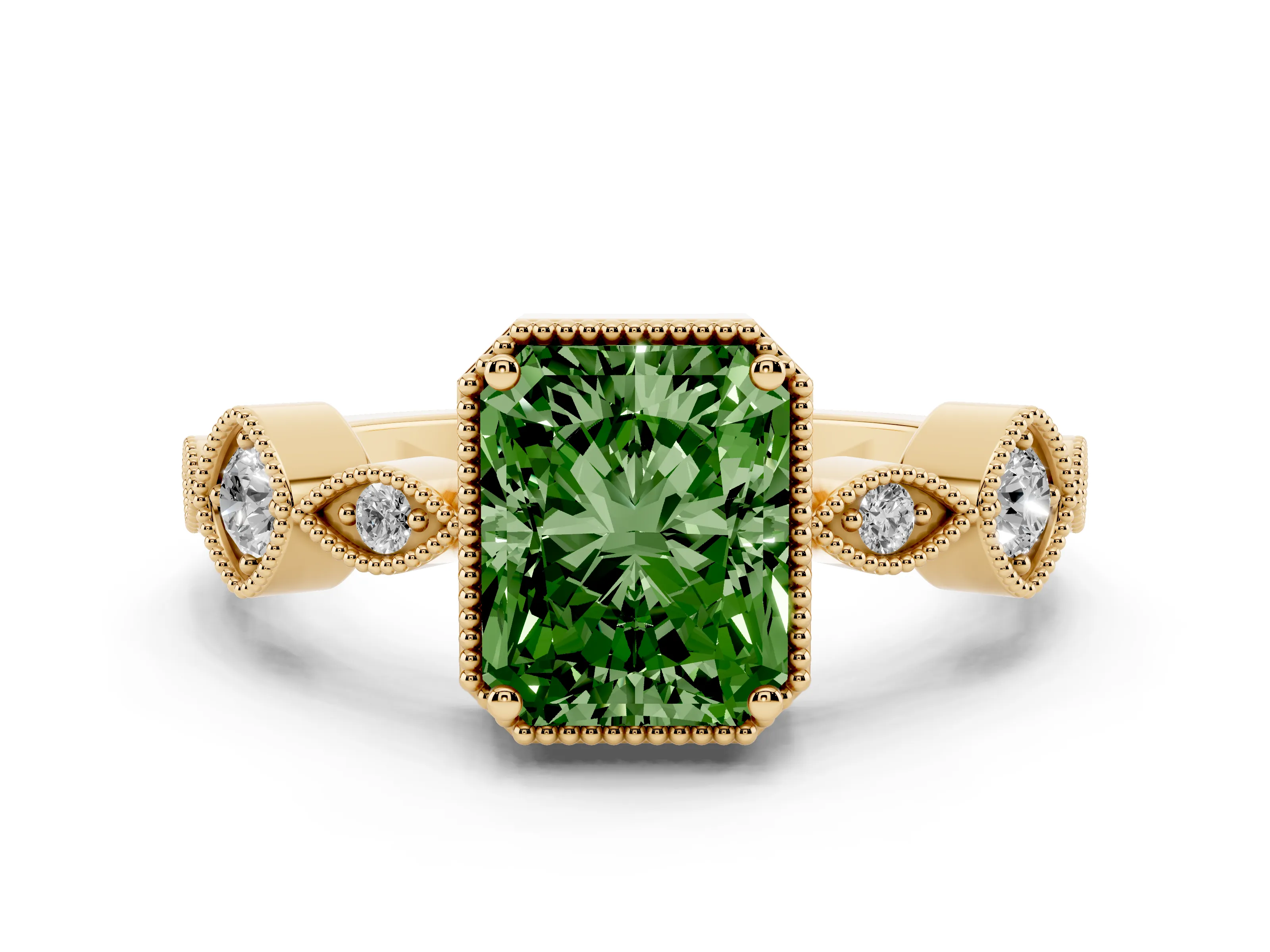 Fancy Green Radiant Cut Diamond Vintage-Inspired Milgrain Ring Set in Yellow gold with Marquise Stations of Round Accents