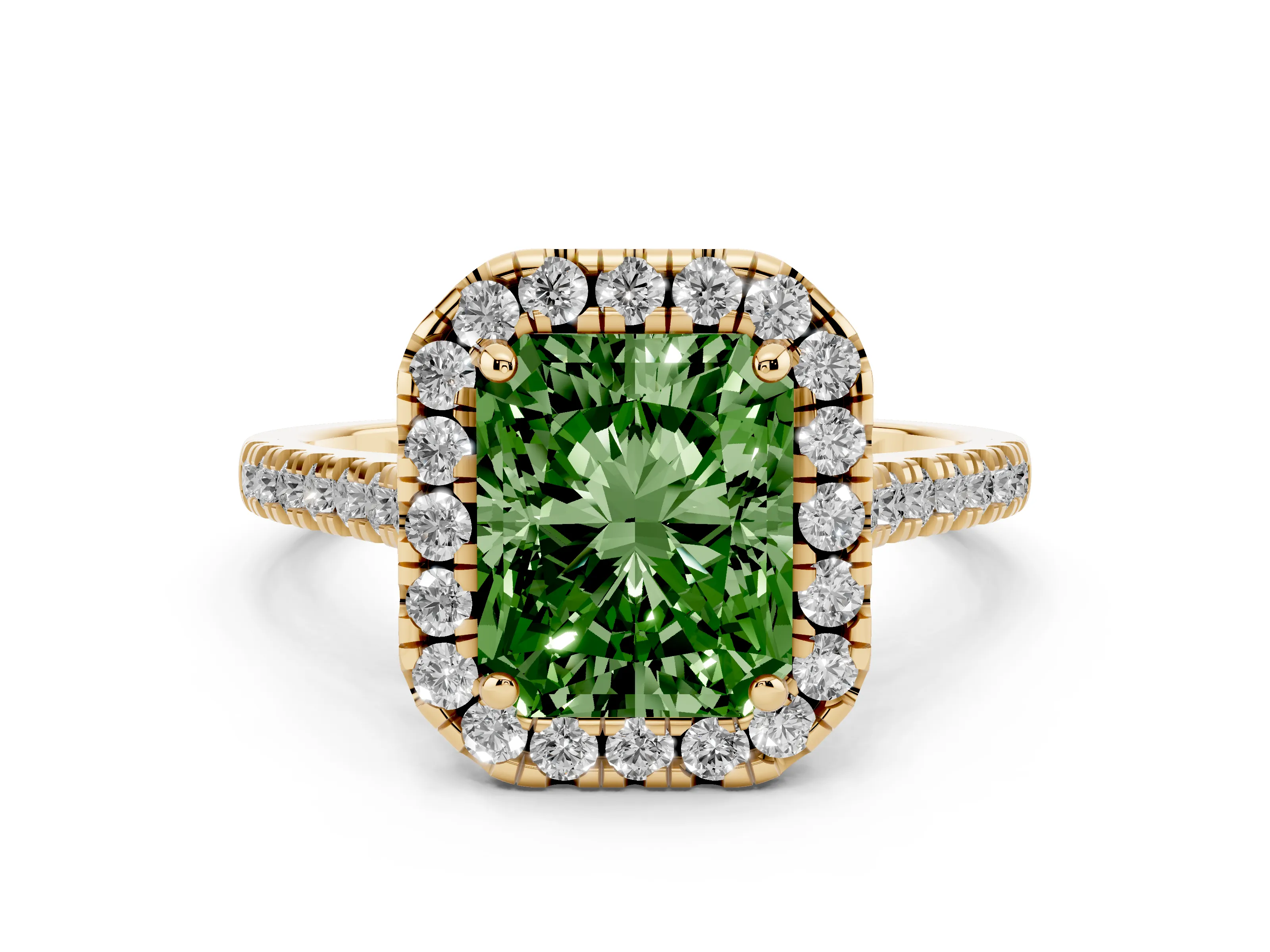 Fancy Green Radiant Cut Diamond Cushion Halo Ring Set in Yellow gold with Pavé Band