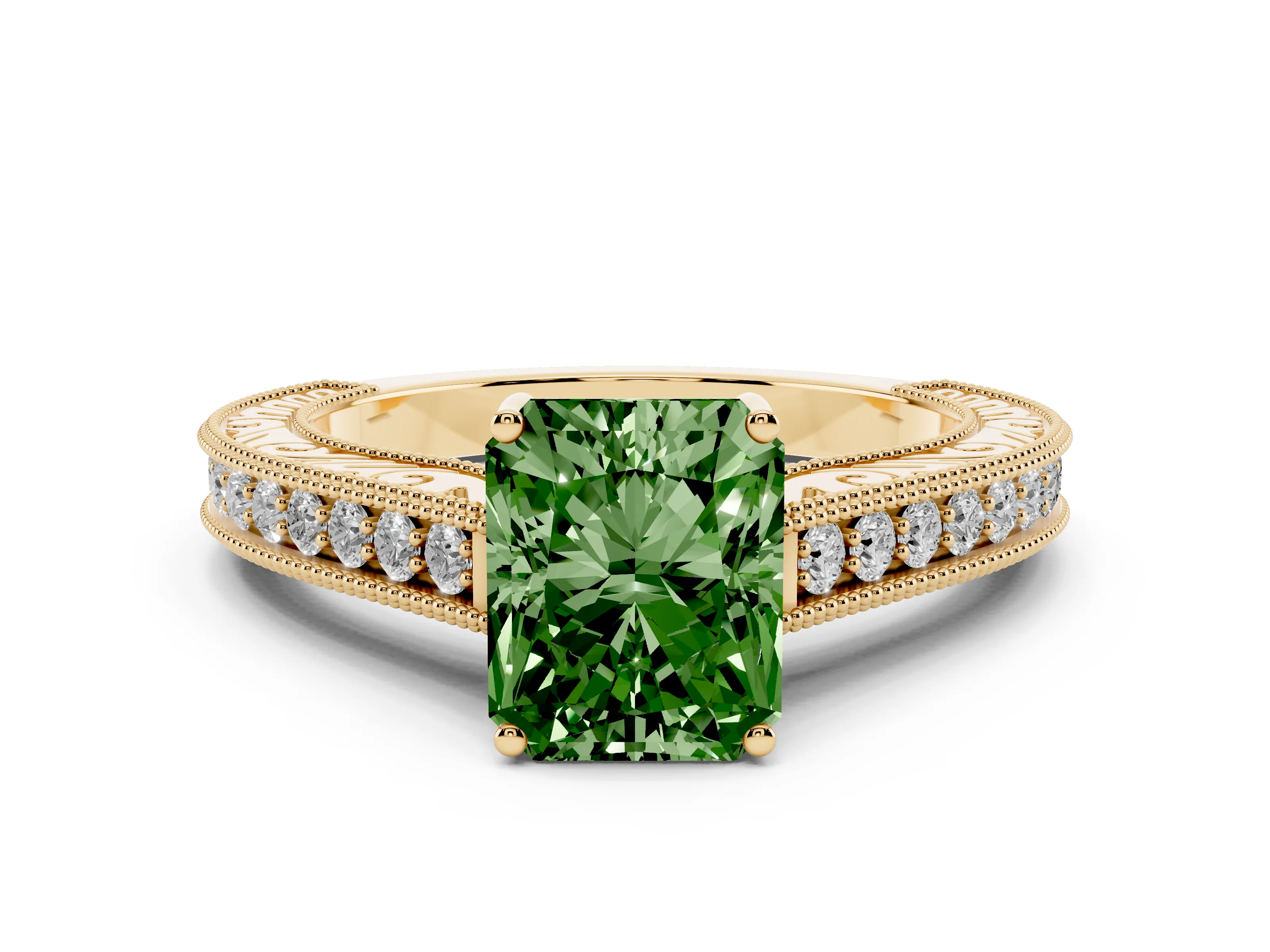 Fancy Green Radiant Cut Diamond Milgrain Pavé Band Solitaire Ring Set in Yellow gold with Prong Setting