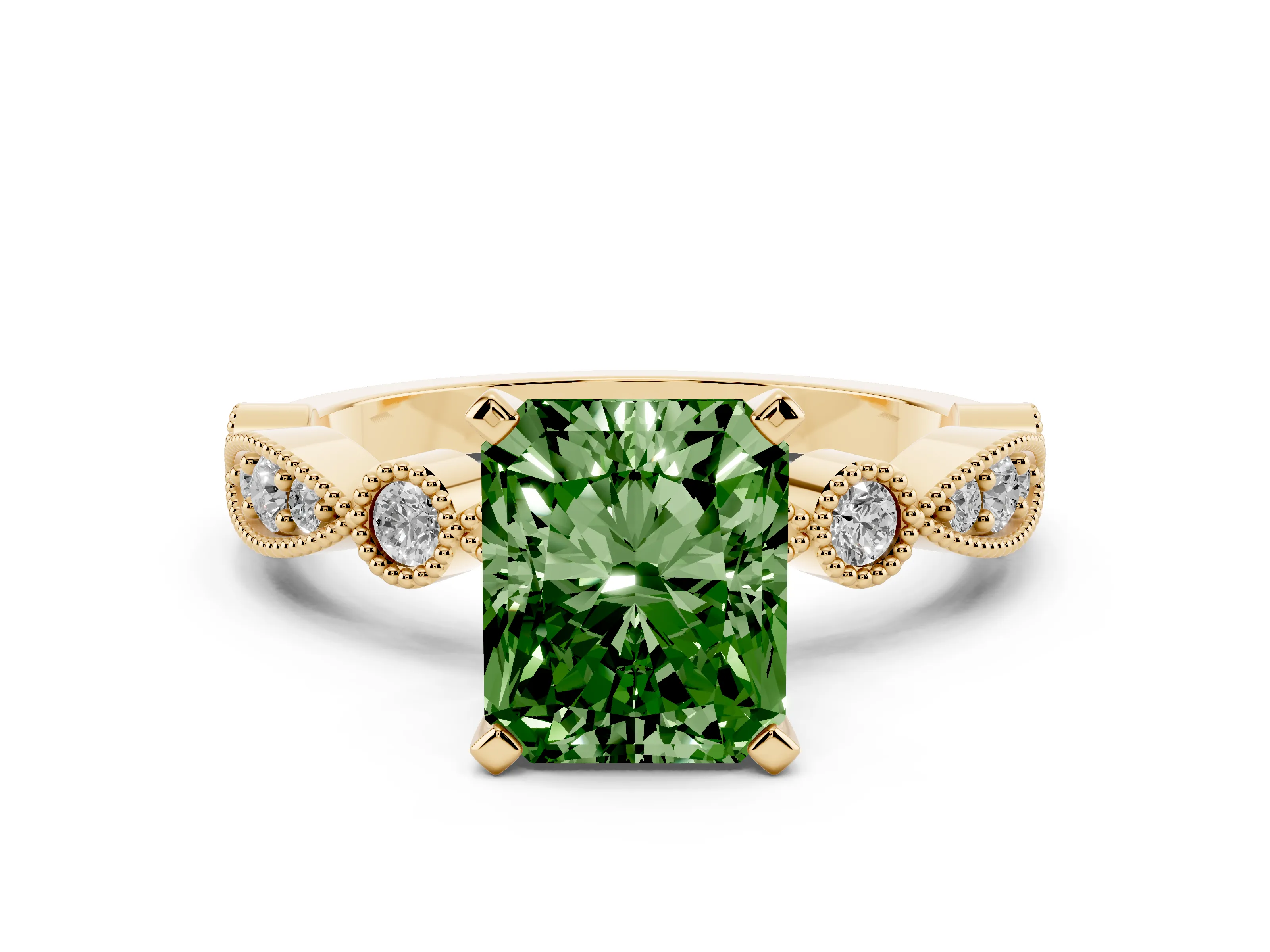 Fancy Green Radiant Cut Diamond Solitaire Engagement Ring Set in Yellow gold with Milgrain Bezel Accent Band