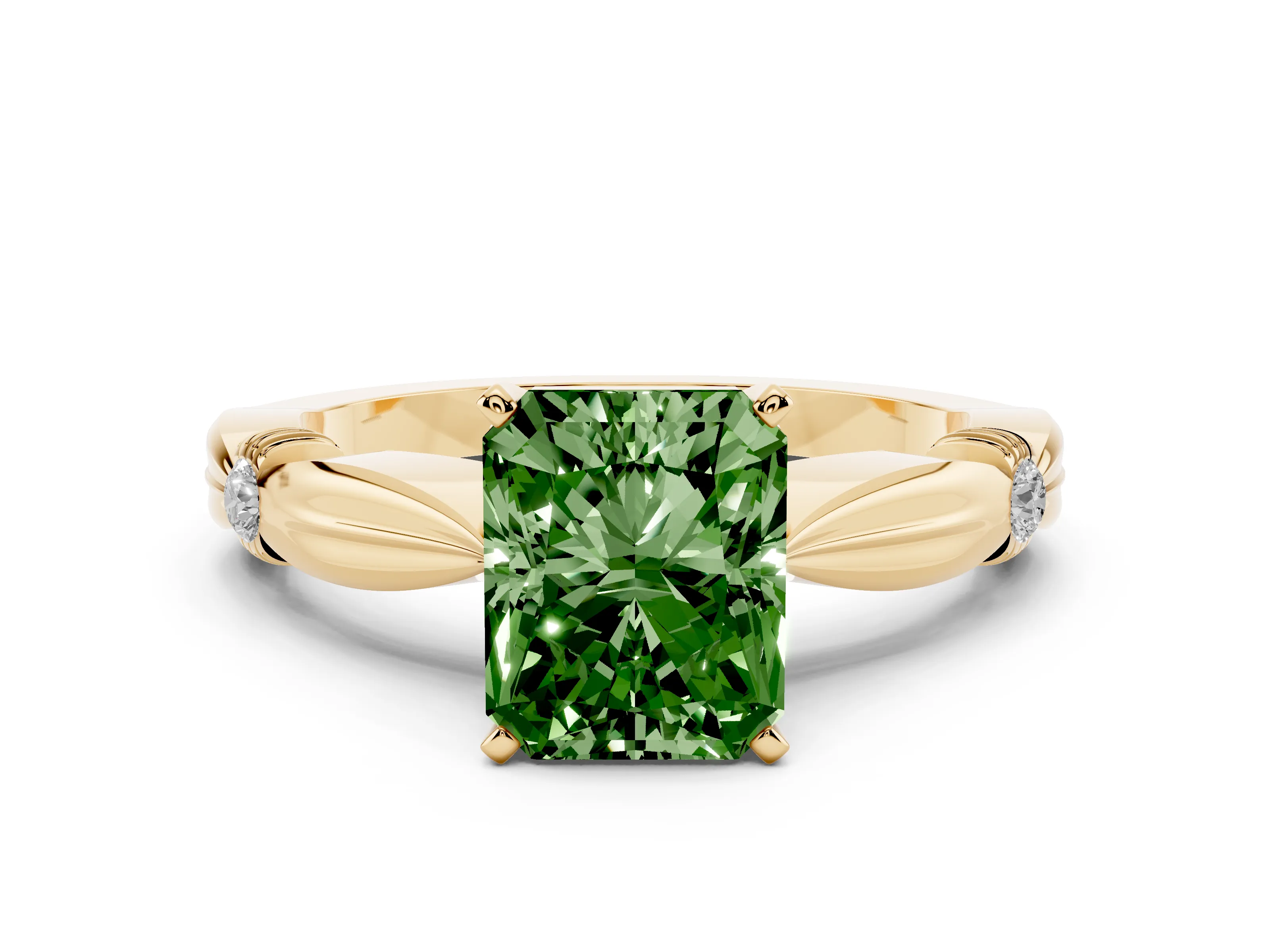 Fancy Green Radiant Cut Diamond Solitaire Twisted Band Ring Set in Yellow gold with Accent Stones and Prong Setting