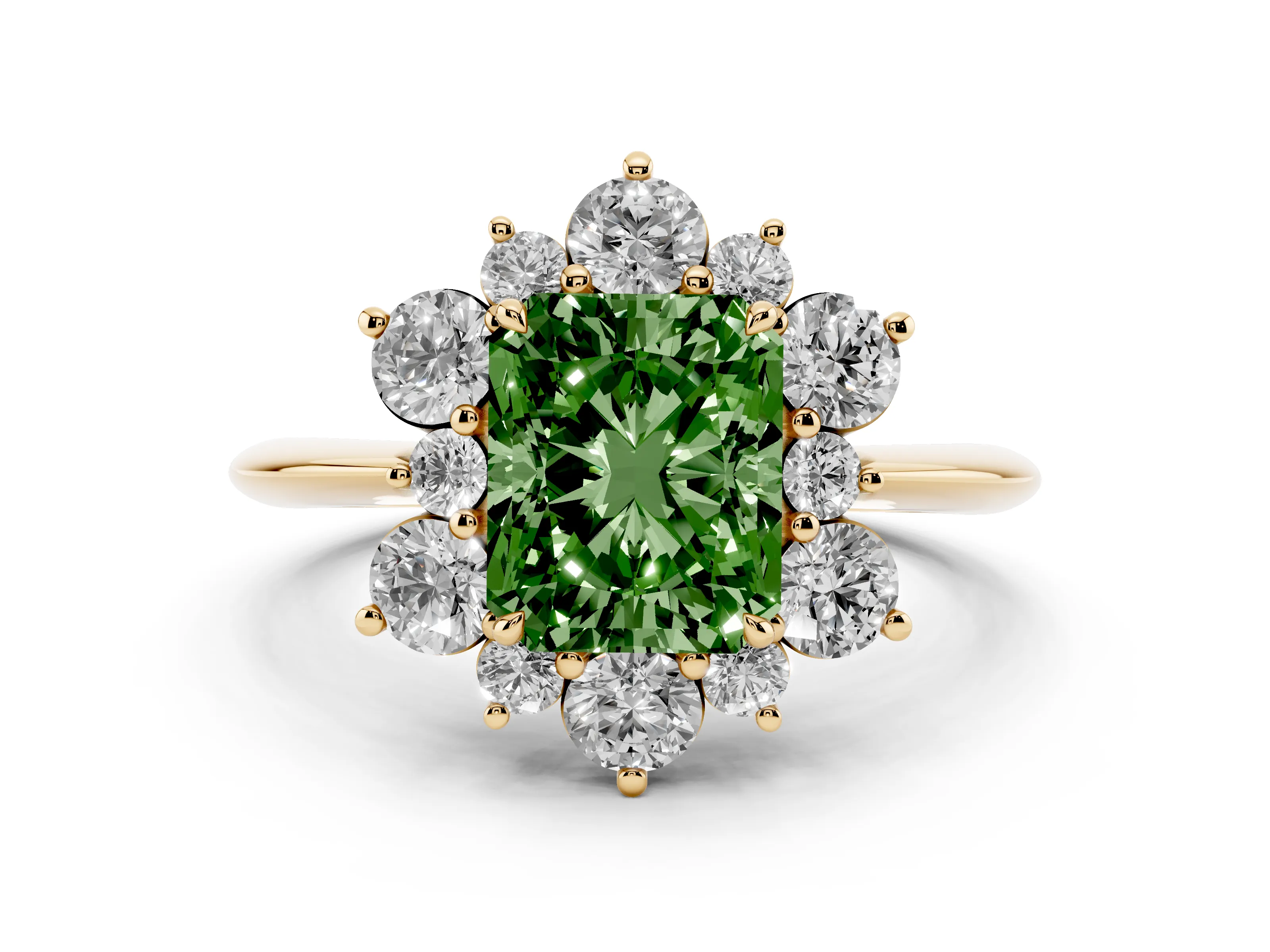 Fancy Green Radiant Cut Diamond Cluster Halo Ring Set in Yellow gold with Solitaire Band and Prong Setting
