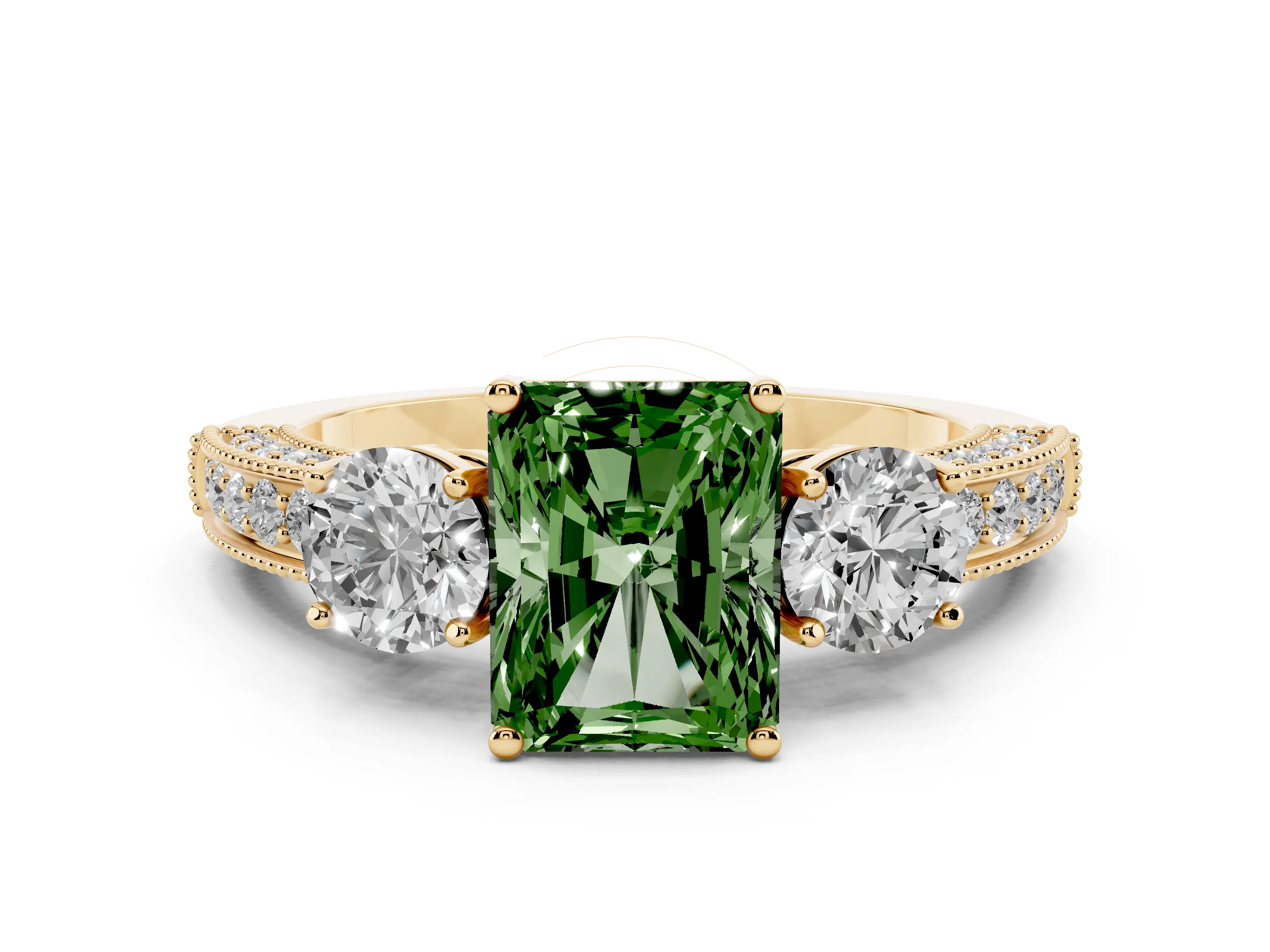 Fancy Green Radiant Cut Diamond Three-Stone Ring Set in Yellow gold with Round Side Stones and Pavé Band