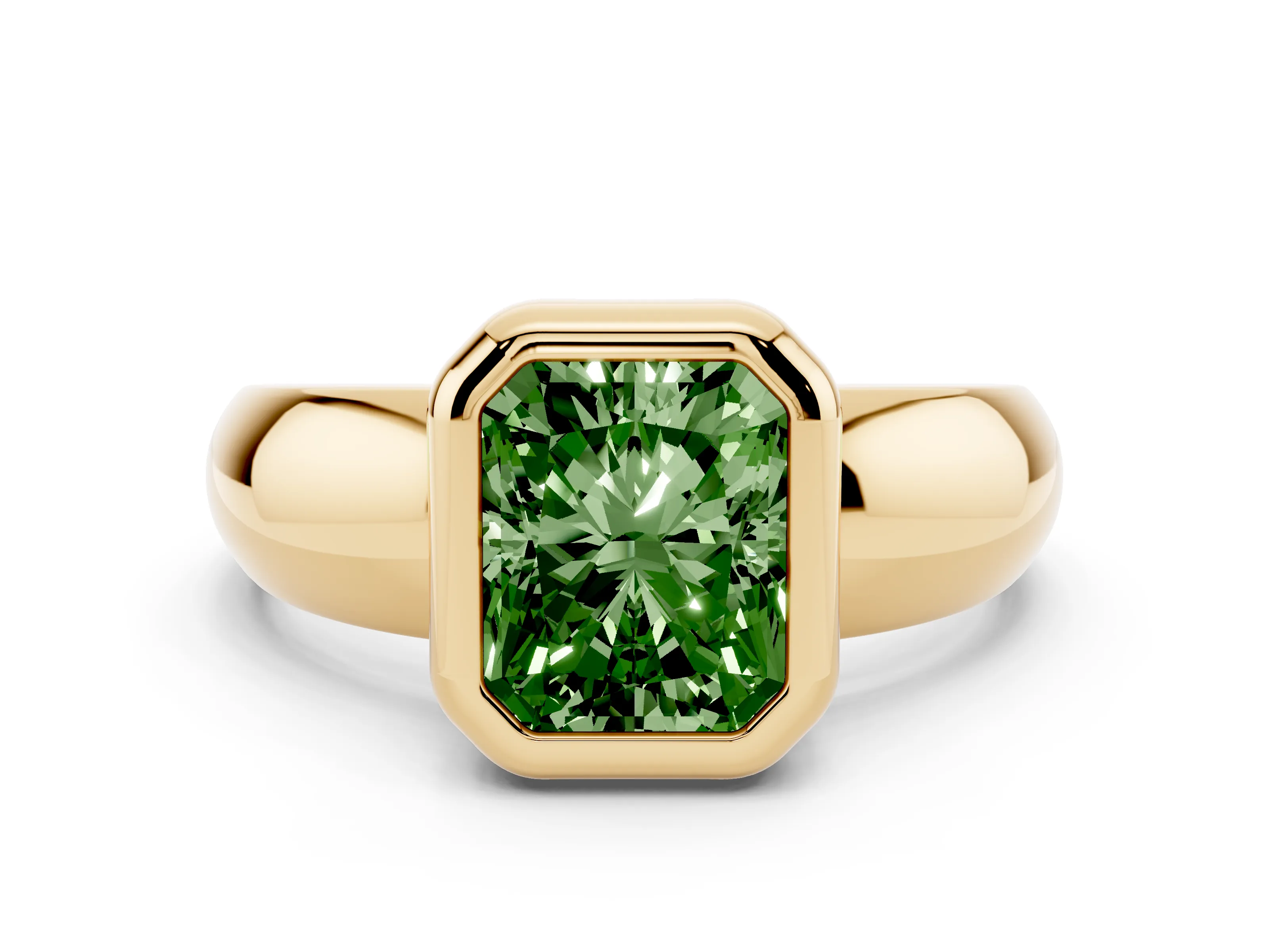 Fancy Green Bezel Set Radiant Cut Diamond Solitaire Ring Set in Yellow gold with Wide Band