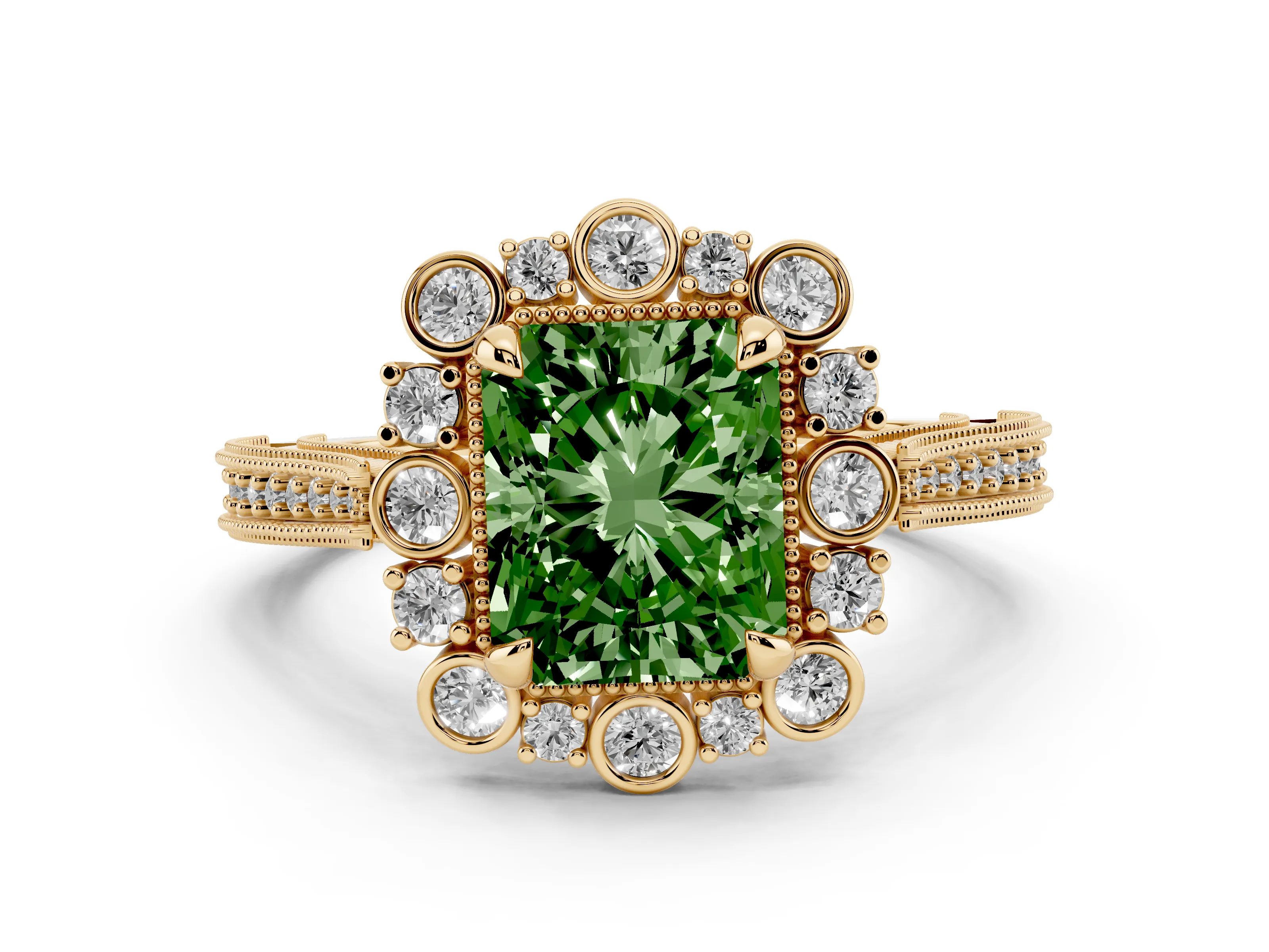 Fancy Green Radiant Cut Diamond Halo Milgrain Pavé Ring Set in Yellow gold with Prong Setting