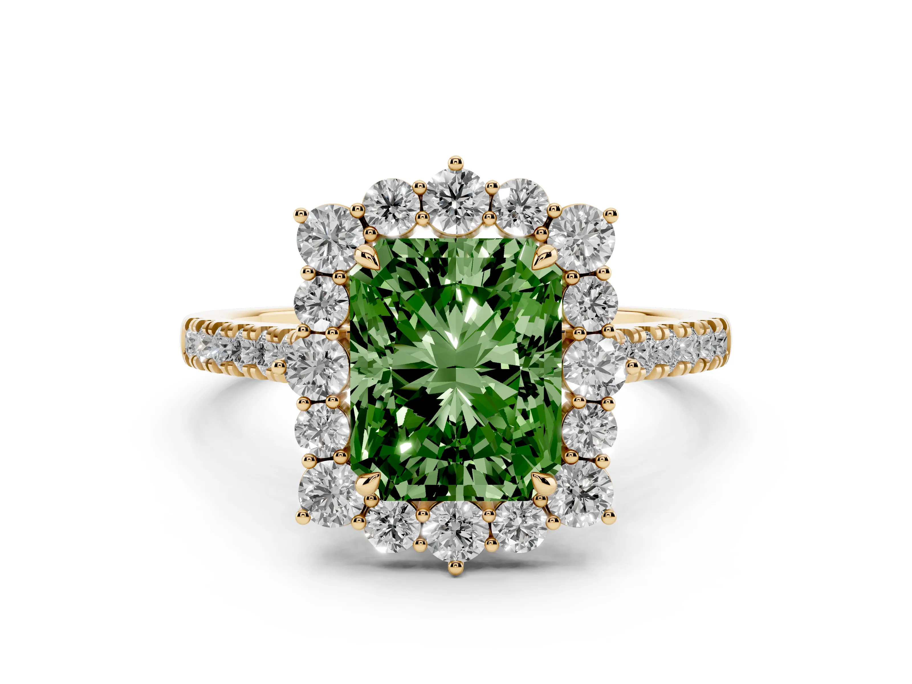 Fancy Green Radiant Cut Diamond Halo Ring Set in Yellow gold with Pavé Band and Prong Setting