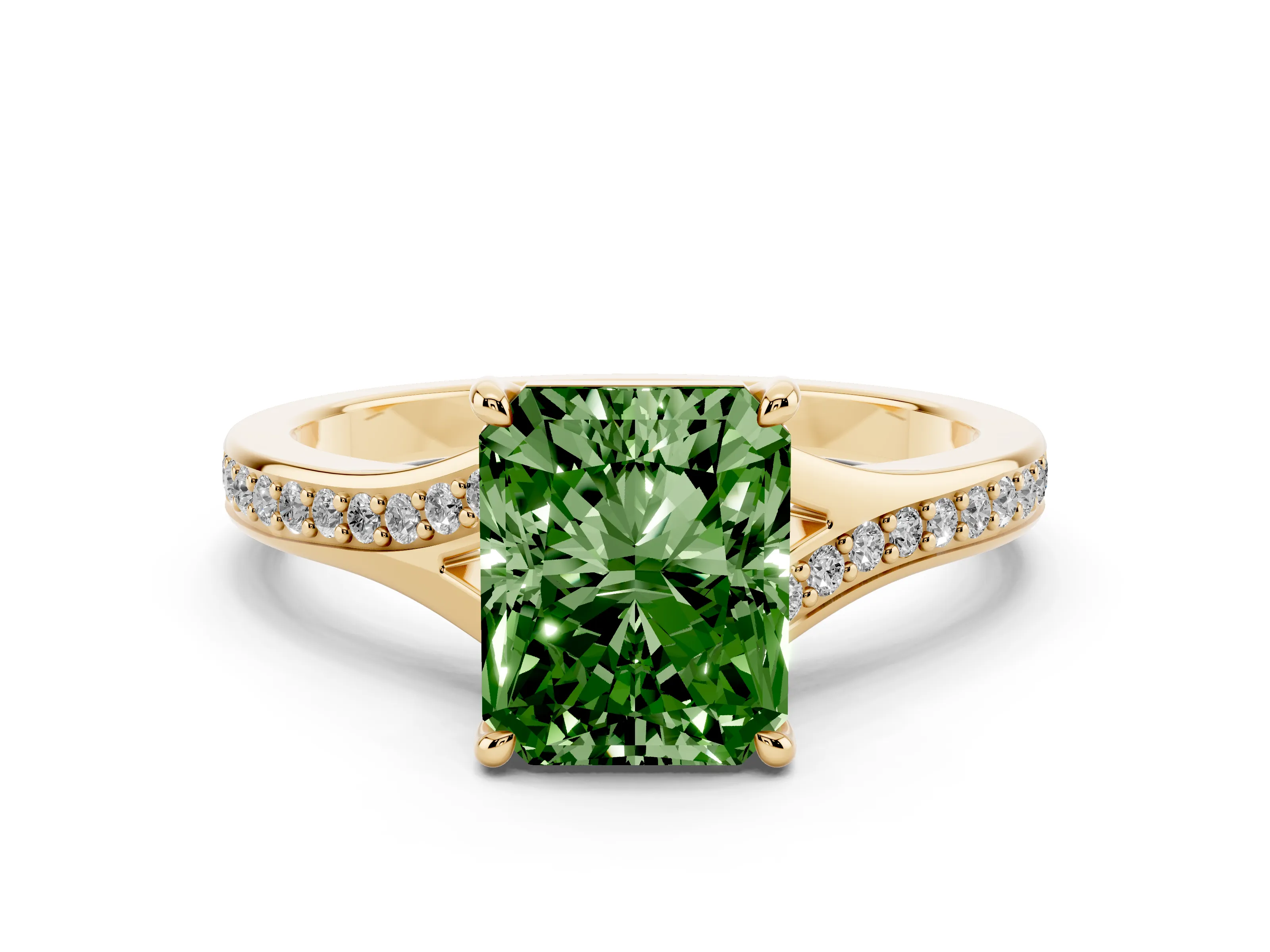 Fancy Green Radiant Cut Diamond Solitaire Ring Set in Yellow gold with Pavé Accent Band and Classic Prong Setting