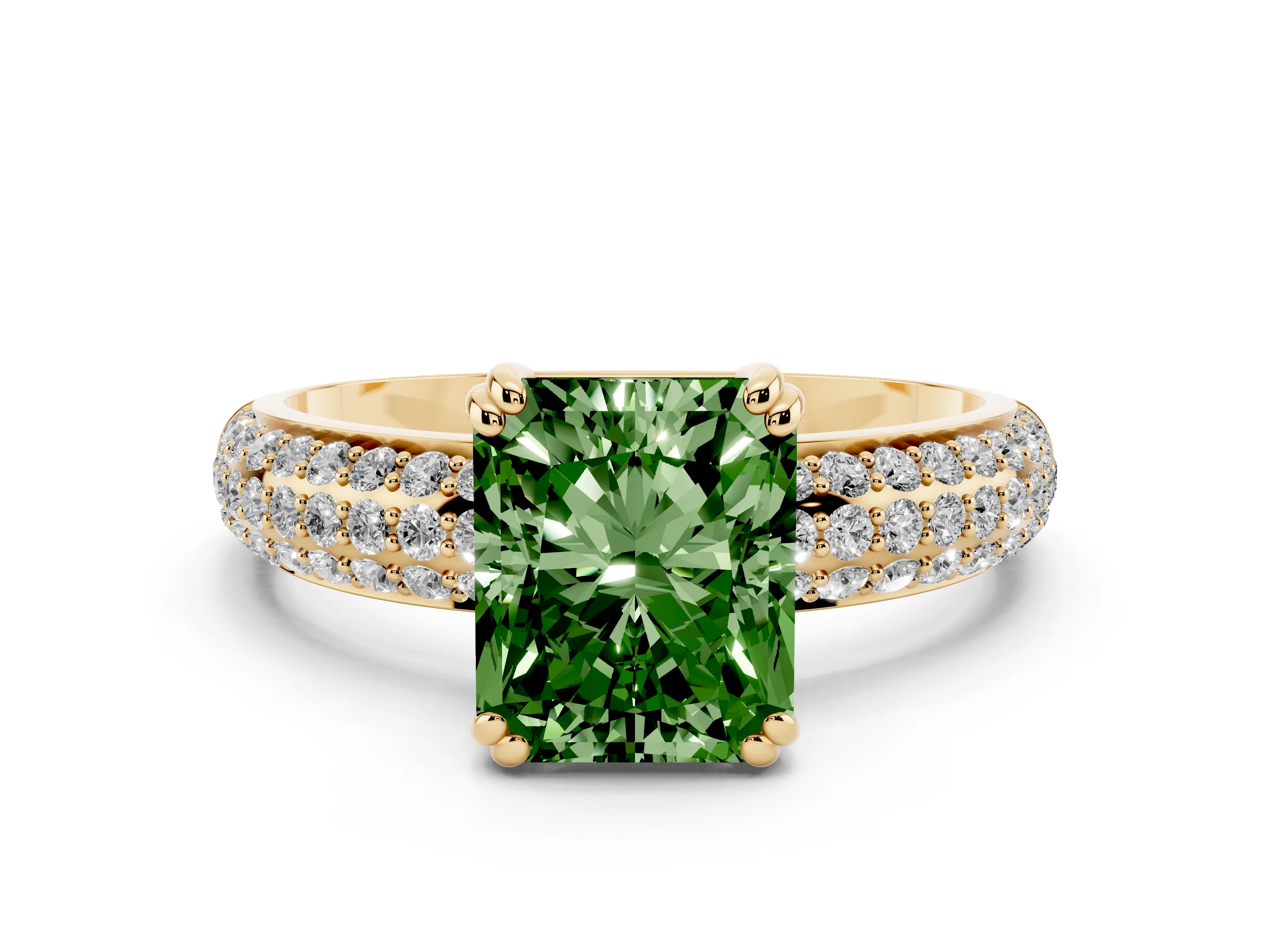 Fancy Green Radiant Cut Diamond Solitaire Ring Set in Yellow gold with Multi-Row Round Pavé Band and Prong Setting
