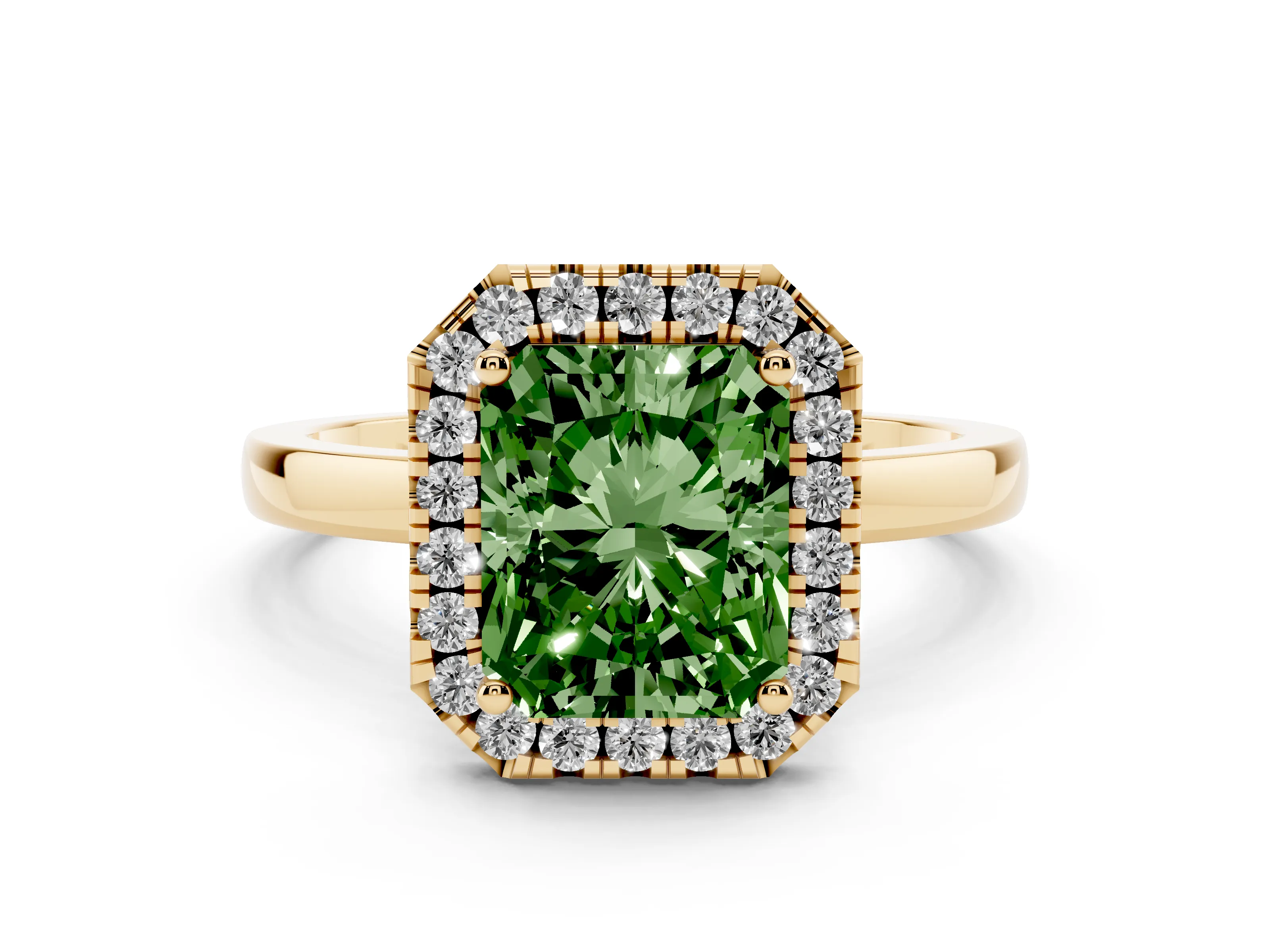 Fancy Green Radiant Cut Diamond Halo Solitaire Ring Set in Yellow gold with Pavé Band and Prong Setting