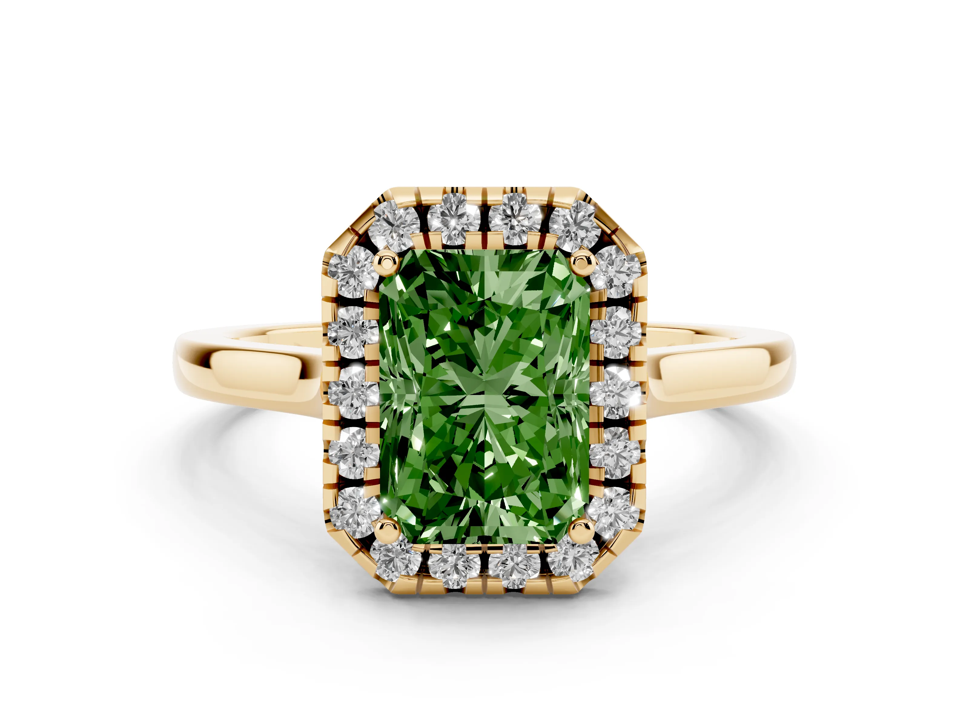 Fancy Green Radiant Cut Halo Round Diamond Solitaire Ring Set in Yellow gold with Pavé Band and Prong Setting