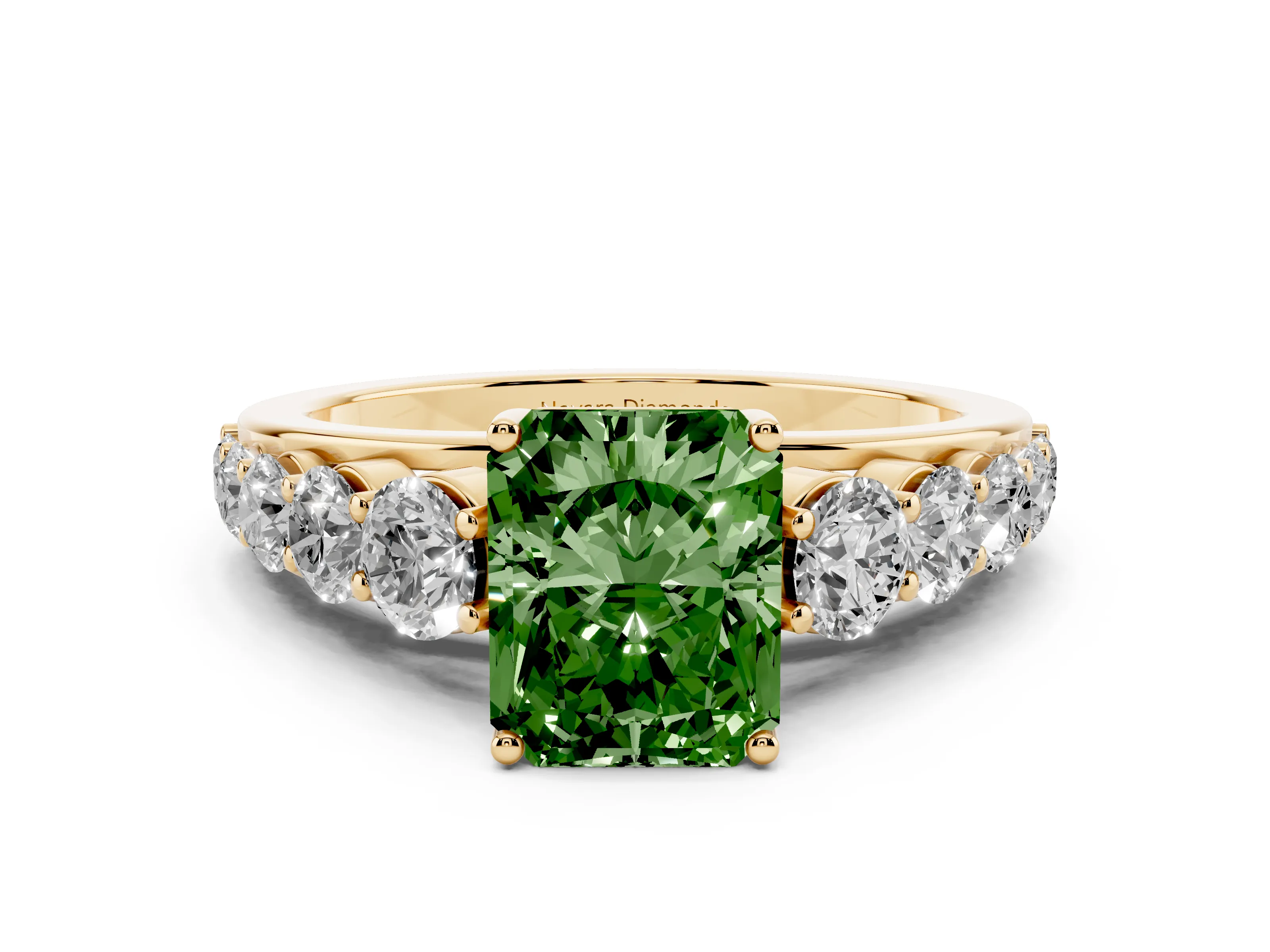 Fancy Green Radiant Cut Diamond Solitaire Ring Set in Yellow gold with Pavé-Set Band and Prong Setting